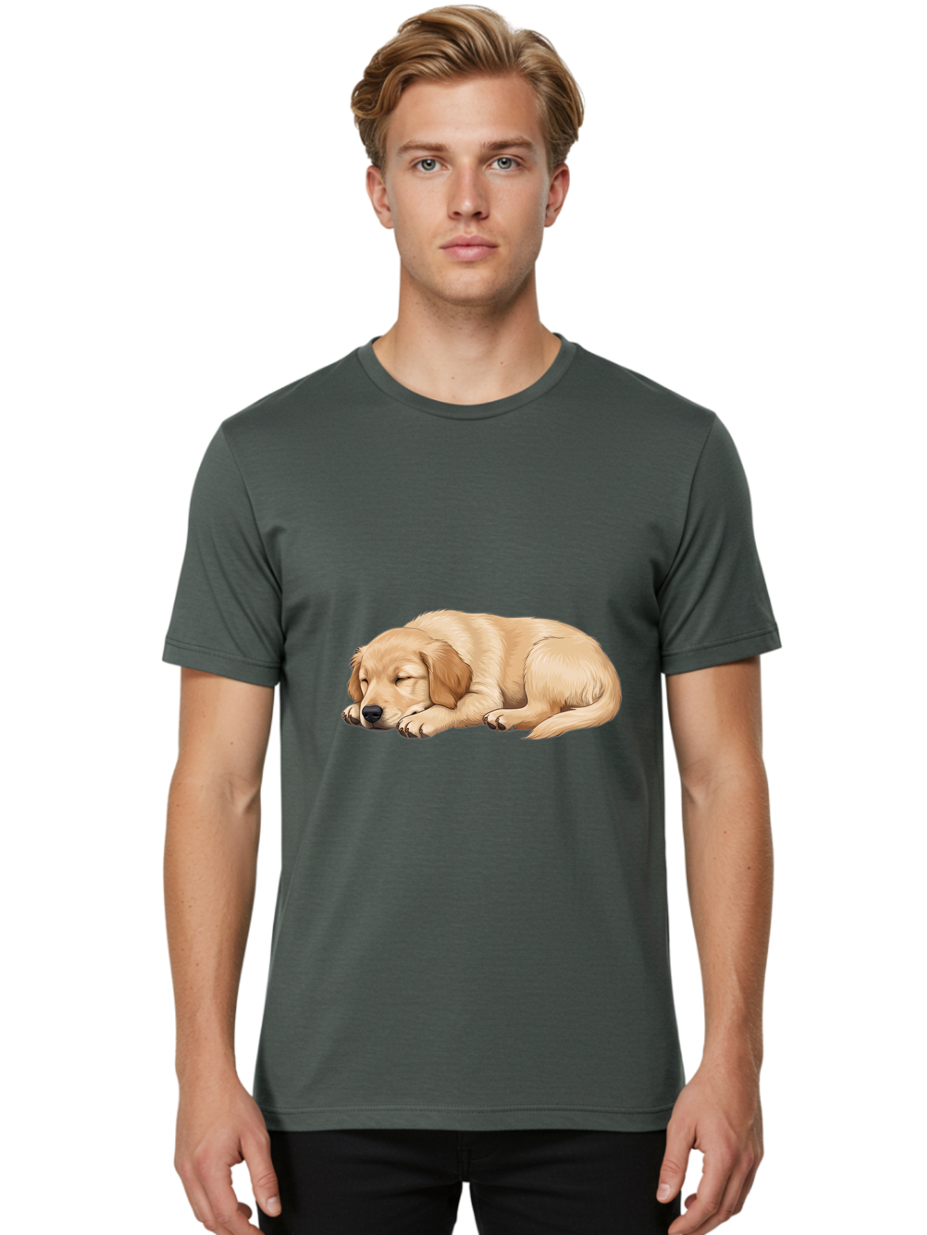Sleeping-Golden-Retriever-2 Men'S Graphic Tee, 100% Cotton, Comfortable Casual Summer Wear, Machine Washable, Golden Retriever Puppy, Sleeping Dog, Adorable Pet, Cartoon Illustration, Cute Animal, Peaceful Sleep, Relaxed Puppy, Furry Friend, Bac413