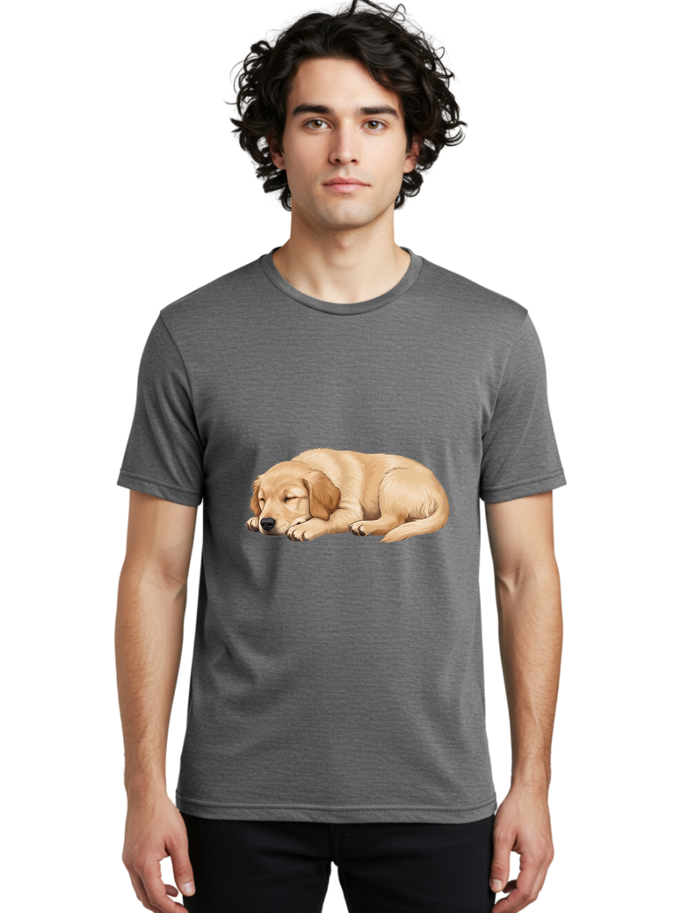 Sleeping-Golden-Retriever-2 Men'S Graphic Tee, 100% Cotton, Comfortable Casual Summer Wear, Machine Washable, Golden Retriever Puppy, Sleeping Dog, Adorable Pet, Cartoon Illustration, Cute Animal, Peaceful Sleep, Relaxed Puppy, Furry Friend, Bac413