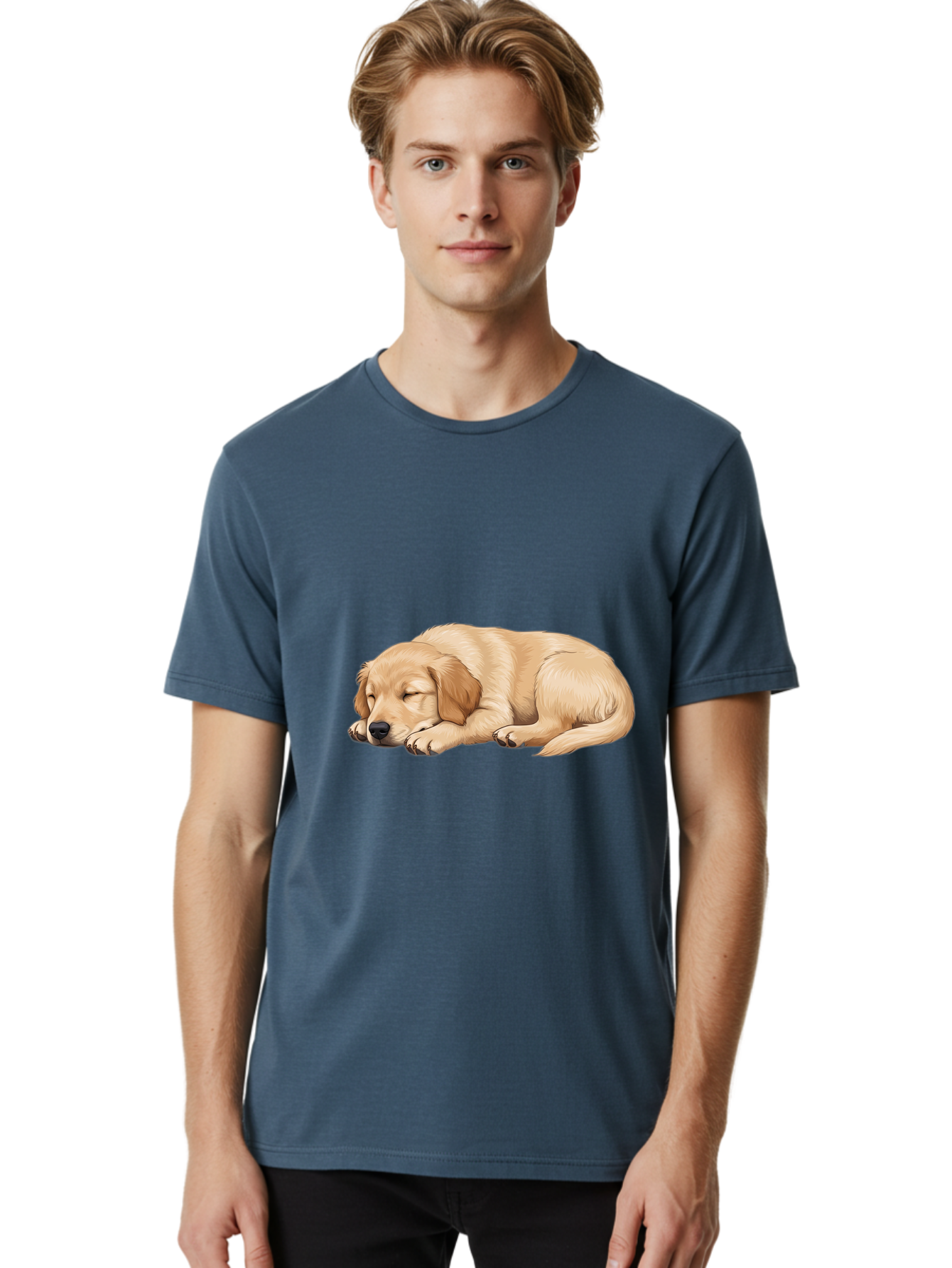 Sleeping-Golden-Retriever-2 Men'S Graphic Tee, 100% Cotton, Comfortable Casual Summer Wear, Machine Washable, Golden Retriever Puppy, Sleeping Dog, Adorable Pet, Cartoon Illustration, Cute Animal, Peaceful Sleep, Relaxed Puppy, Furry Friend, Bac413
