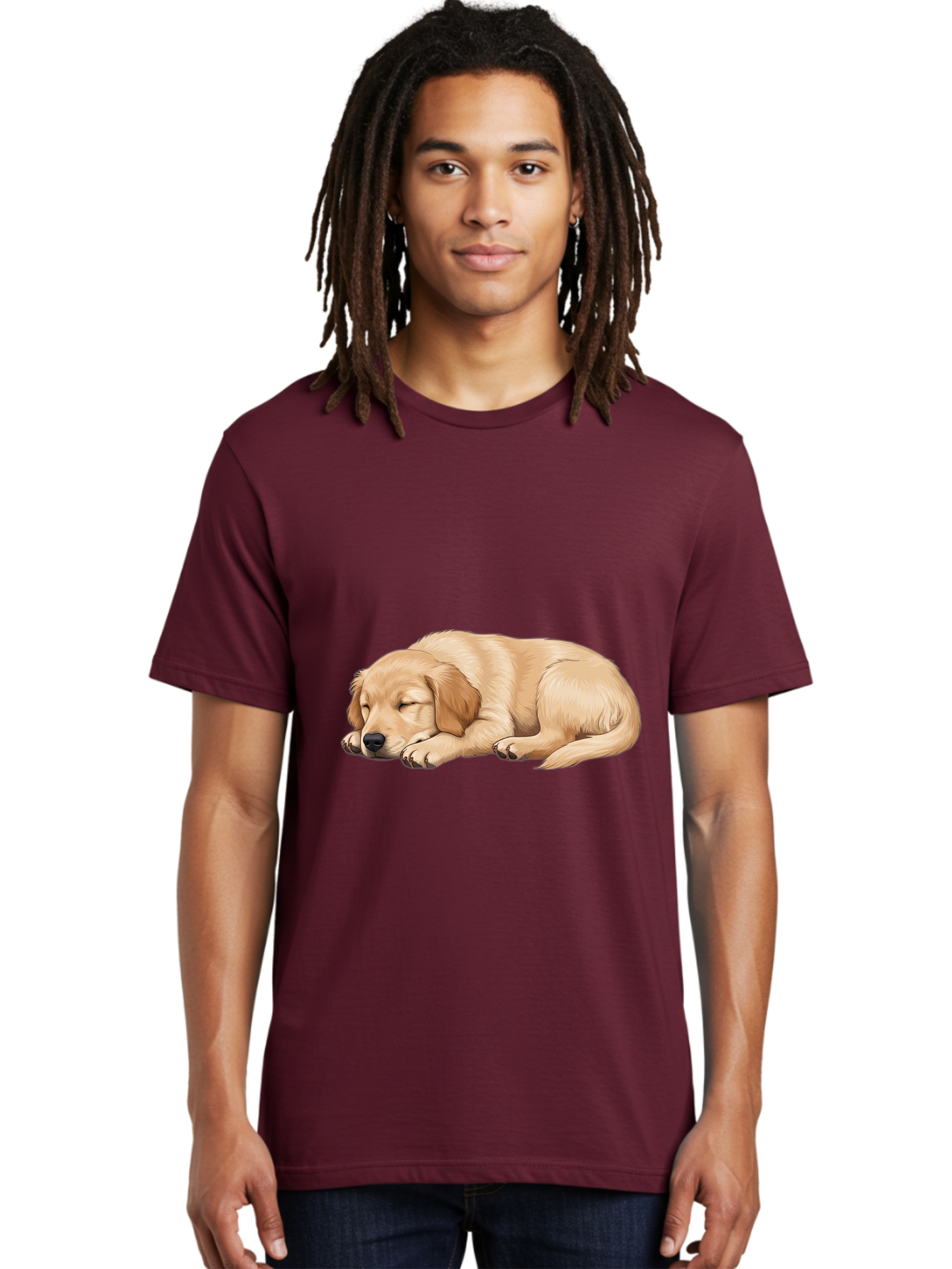 Sleeping-Golden-Retriever-2 Men'S Graphic Tee, 100% Cotton, Comfortable Casual Summer Wear, Machine Washable, Golden Retriever Puppy, Sleeping Dog, Adorable Pet, Cartoon Illustration, Cute Animal, Peaceful Sleep, Relaxed Puppy, Furry Friend, Bac413