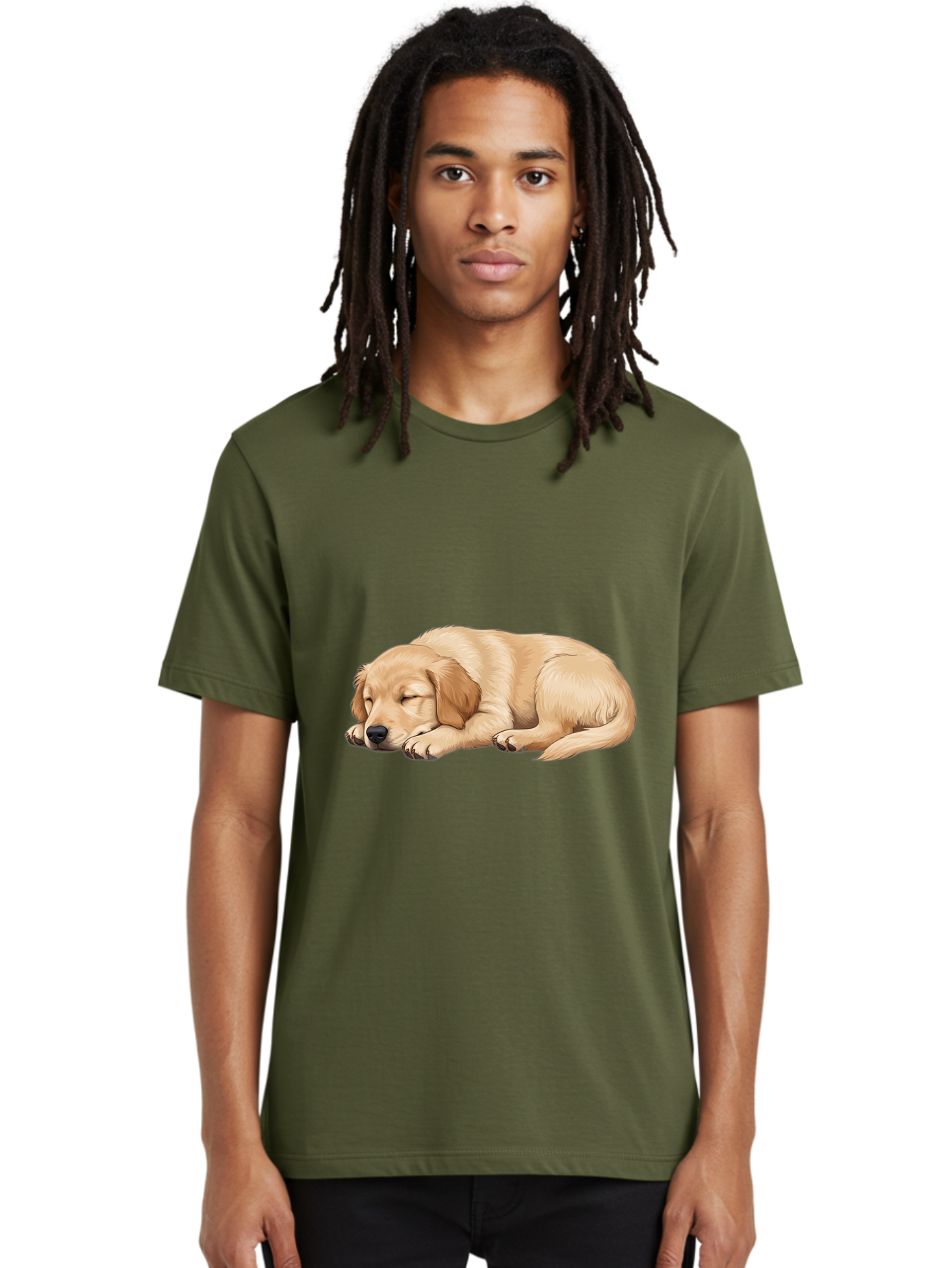 Sleeping-Golden-Retriever-2 Men'S Graphic Tee, 100% Cotton, Comfortable Casual Summer Wear, Machine Washable, Golden Retriever Puppy, Sleeping Dog, Adorable Pet, Cartoon Illustration, Cute Animal, Peaceful Sleep, Relaxed Puppy, Furry Friend, Bac413