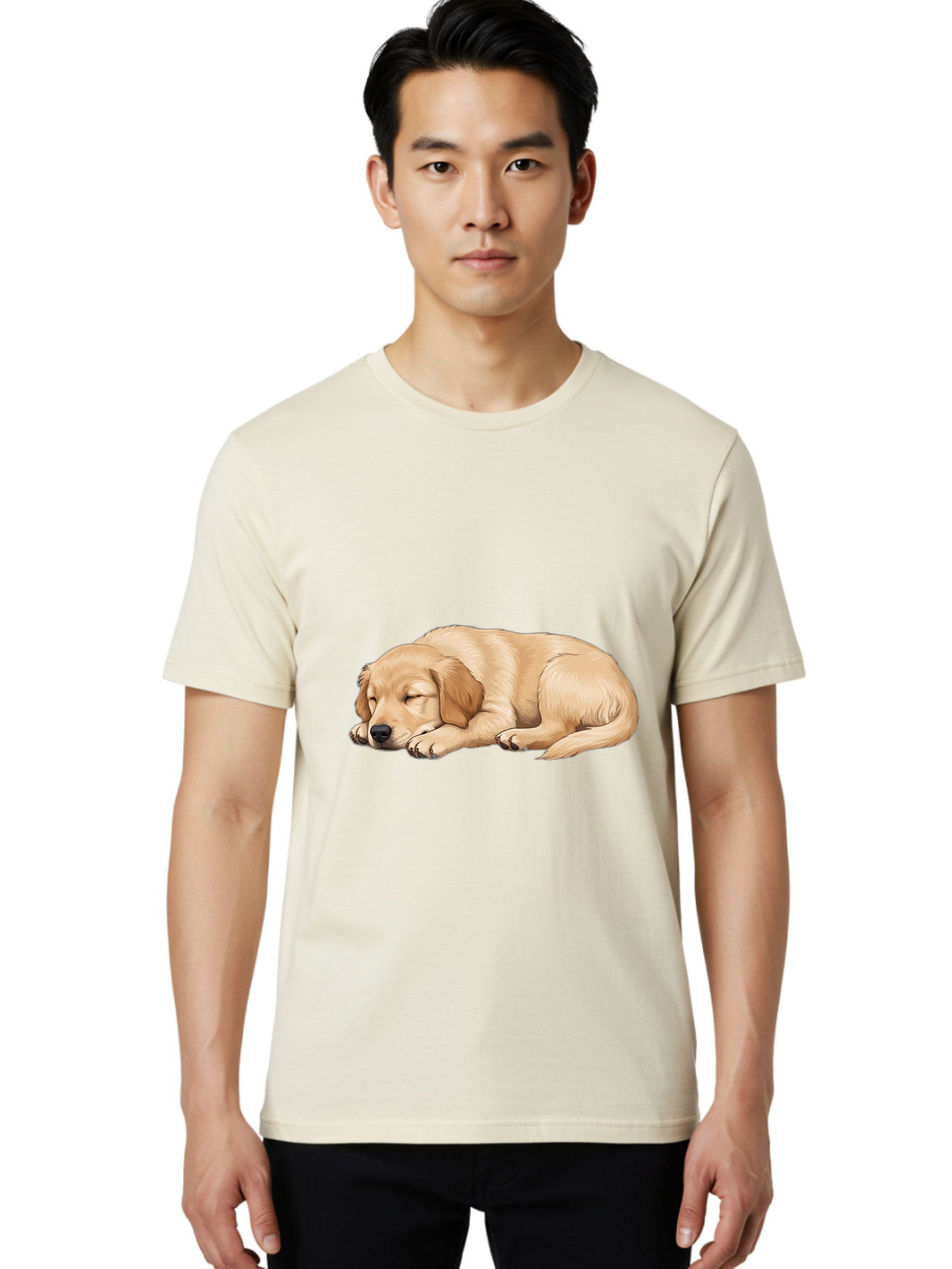 Sleeping-Golden-Retriever-2 Men'S Graphic Tee, 100% Cotton, Comfortable Casual Summer Wear, Machine Washable, Golden Retriever Puppy, Sleeping Dog, Adorable Pet, Cartoon Illustration, Cute Animal, Peaceful Sleep, Relaxed Puppy, Furry Friend, Bac413