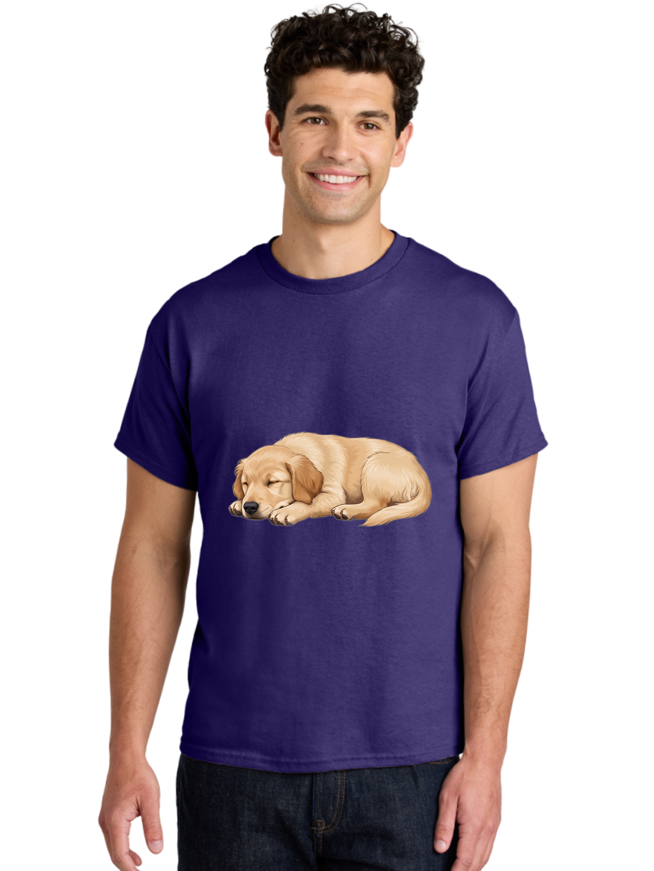 Sleeping-Golden-Retriever-2 Men'S Graphic Tee, 100% Cotton, Comfortable Casual Summer Wear, Machine Washable, Golden Retriever Puppy, Sleeping Dog, Adorable Pet, Cartoon Illustration, Cute Animal, Peaceful Sleep, Relaxed Puppy, Furry Friend, Bac413