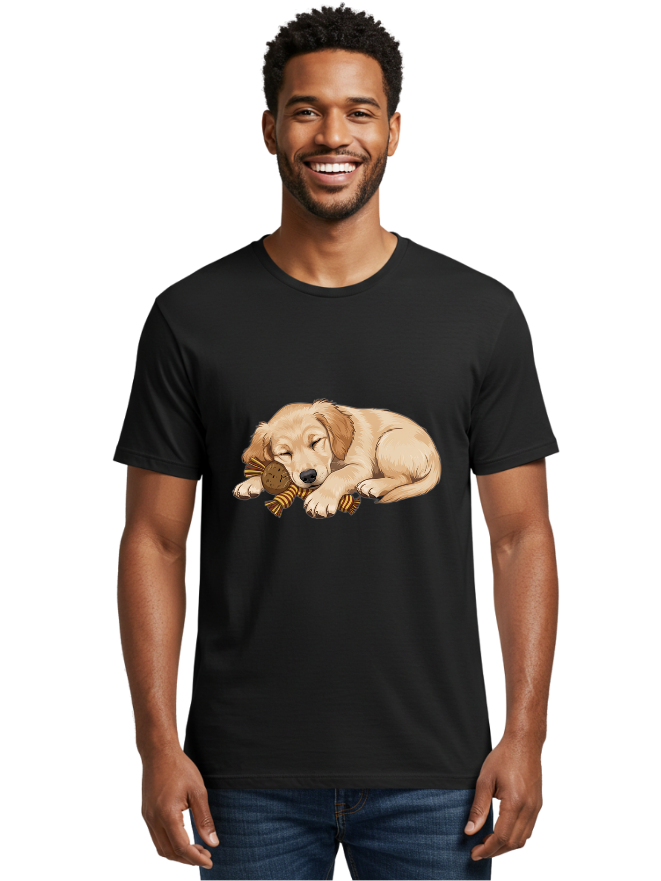 Sleeping-Golden-Retriever-Puppy Men'S Graphic Tee, 100% Cotton, Comfortable Casual Summer Wear, Machine Washable, Puppy Sleeping, Cute Dog, Adorable Puppy, Sleeping Dog, Dog Toy, Favorite Toy, Cartoon Dog, Golden Retriever Puppy, Furry Friend, Bac415