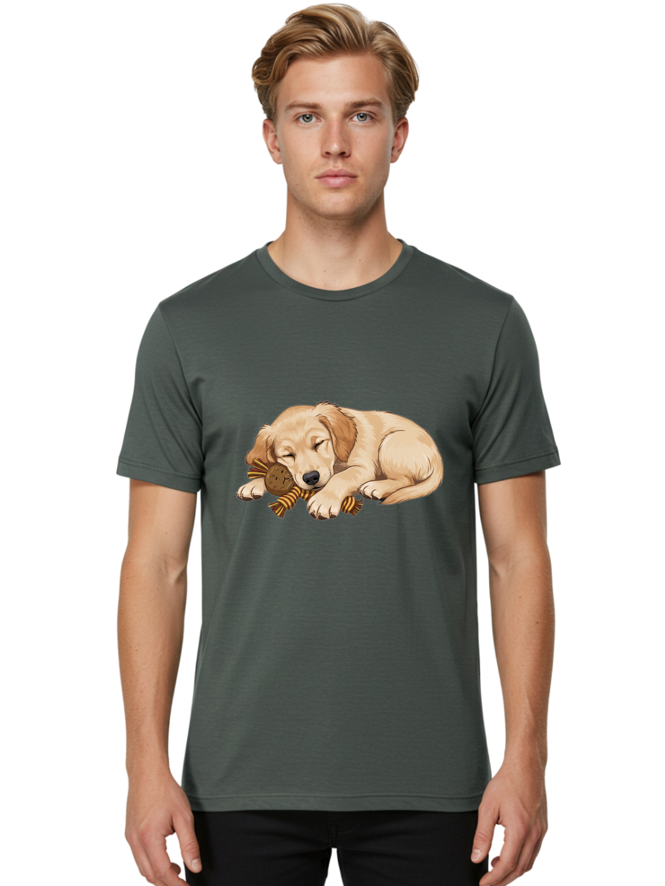 Sleeping-Golden-Retriever-Puppy Men'S Graphic Tee, 100% Cotton, Comfortable Casual Summer Wear, Machine Washable, Puppy Sleeping, Cute Dog, Adorable Puppy, Sleeping Dog, Dog Toy, Favorite Toy, Cartoon Dog, Golden Retriever Puppy, Furry Friend, Bac415