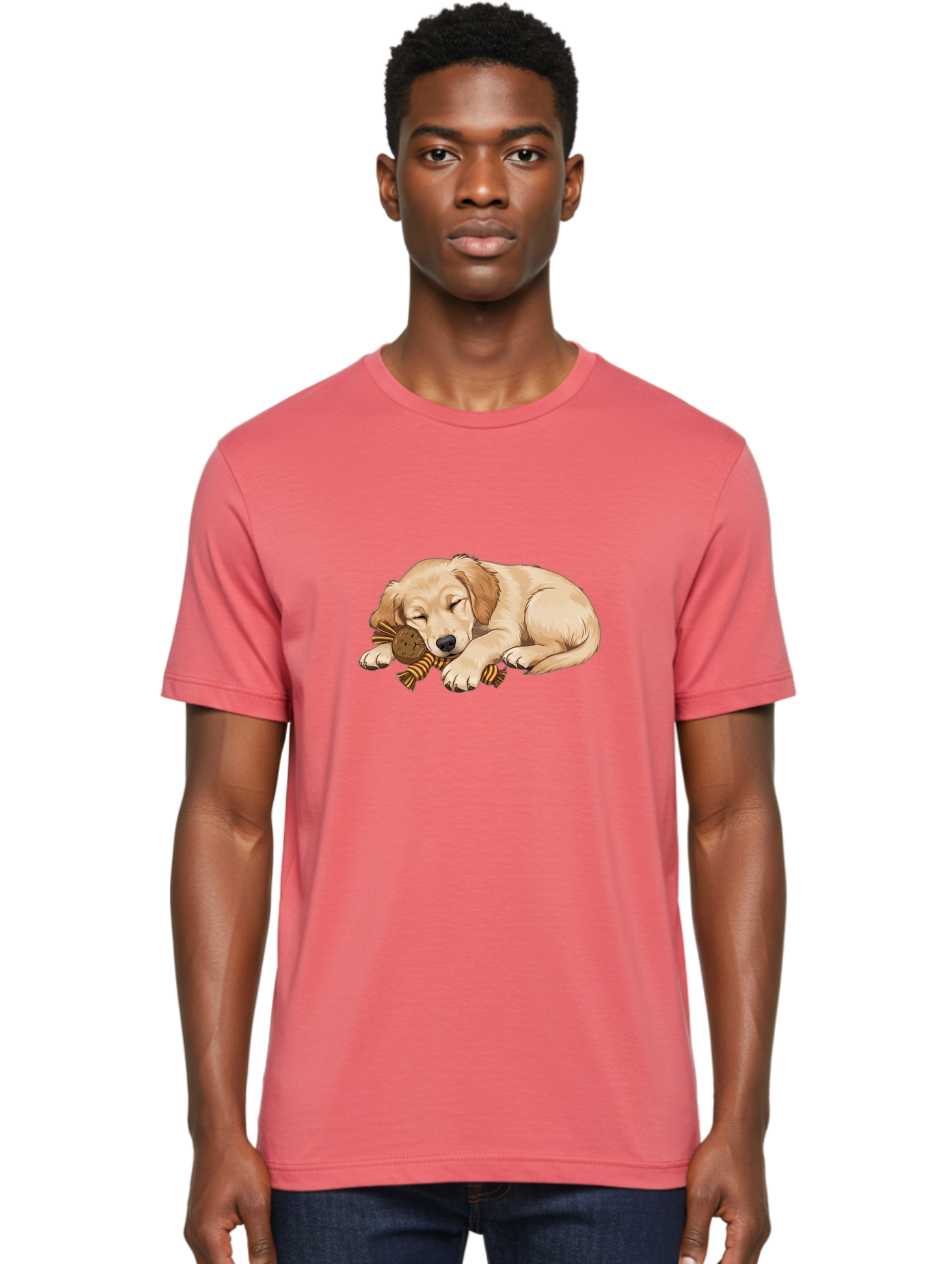 Sleeping-Golden-Retriever-Puppy Men'S Graphic Tee, 100% Cotton, Comfortable Casual Summer Wear, Machine Washable, Puppy Sleeping, Cute Dog, Adorable Puppy, Sleeping Dog, Dog Toy, Favorite Toy, Cartoon Dog, Golden Retriever Puppy, Furry Friend, Bac415