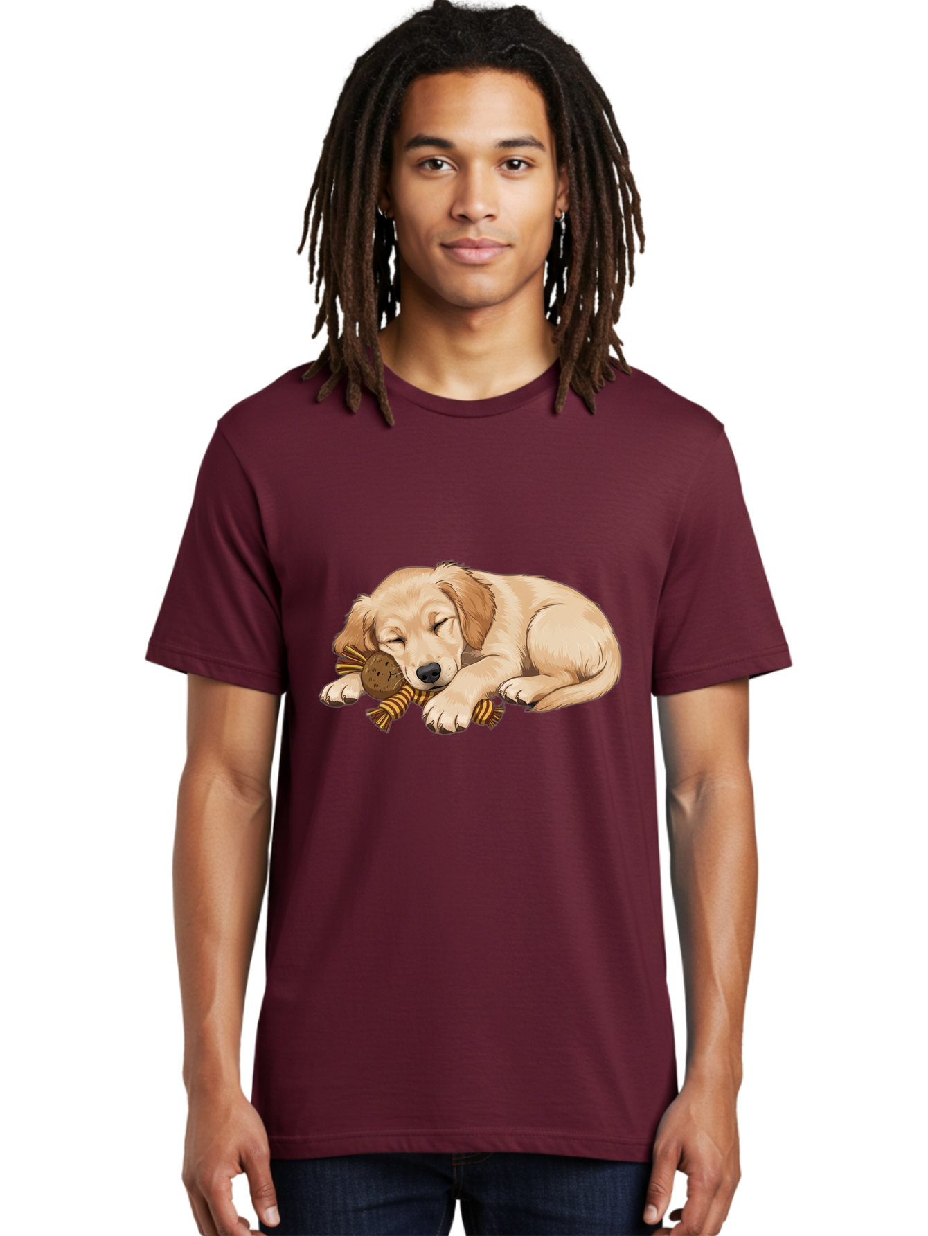 Sleeping-Golden-Retriever-Puppy Men'S Graphic Tee, 100% Cotton, Comfortable Casual Summer Wear, Machine Washable, Puppy Sleeping, Cute Dog, Adorable Puppy, Sleeping Dog, Dog Toy, Favorite Toy, Cartoon Dog, Golden Retriever Puppy, Furry Friend, Bac415
