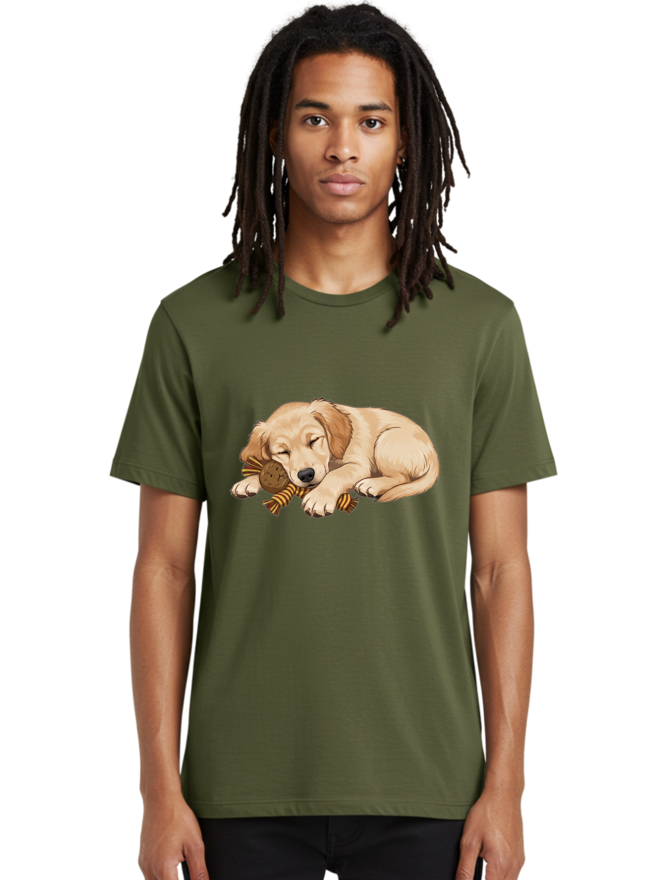 Sleeping-Golden-Retriever-Puppy Men'S Graphic Tee, 100% Cotton, Comfortable Casual Summer Wear, Machine Washable, Puppy Sleeping, Cute Dog, Adorable Puppy, Sleeping Dog, Dog Toy, Favorite Toy, Cartoon Dog, Golden Retriever Puppy, Furry Friend, Bac415