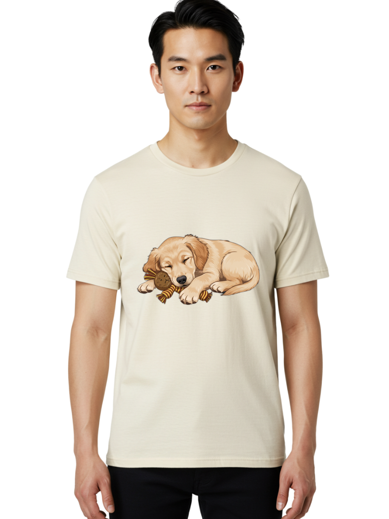 Sleeping-Golden-Retriever-Puppy Men'S Graphic Tee, 100% Cotton, Comfortable Casual Summer Wear, Machine Washable, Puppy Sleeping, Cute Dog, Adorable Puppy, Sleeping Dog, Dog Toy, Favorite Toy, Cartoon Dog, Golden Retriever Puppy, Furry Friend, Bac415