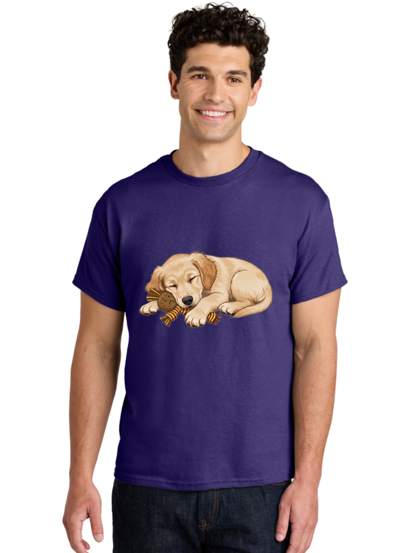 Sleeping-Golden-Retriever-Puppy Men'S Graphic Tee, 100% Cotton, Comfortable Casual Summer Wear, Machine Washable, Puppy Sleeping, Cute Dog, Adorable Puppy, Sleeping Dog, Dog Toy, Favorite Toy, Cartoon Dog, Golden Retriever Puppy, Furry Friend, Bac415