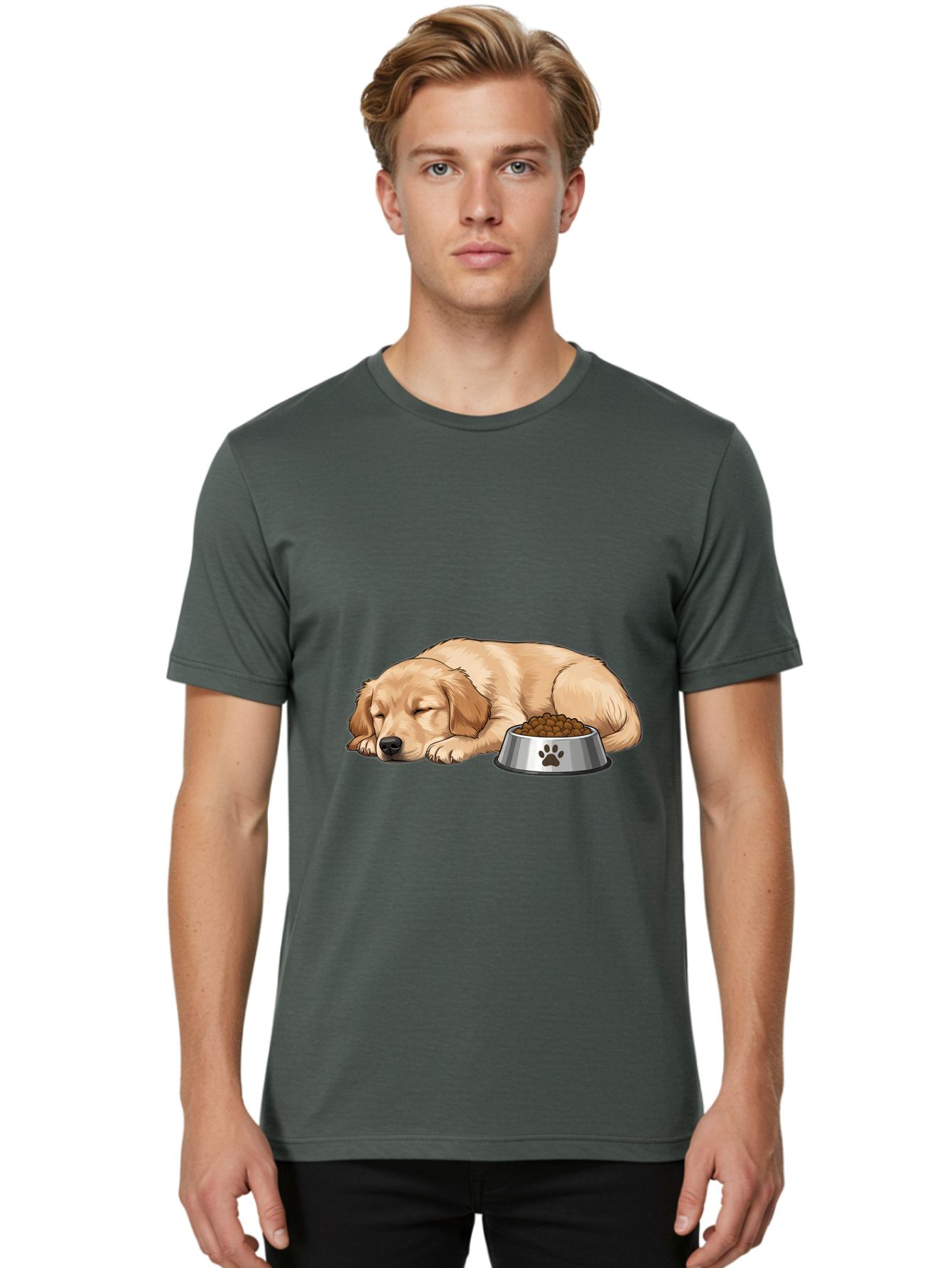 Sleeping-Golden-Retriever Men'S Graphic Tee, 100% Cotton, Comfortable Casual Summer Wear, Machine Washable, Sleeping Golden Retriever, Dog Bowl With Kibble, Paw Print On Bowl, Cute Animal Illustration, Pet Care, Dog'S Meal Time, Bac416