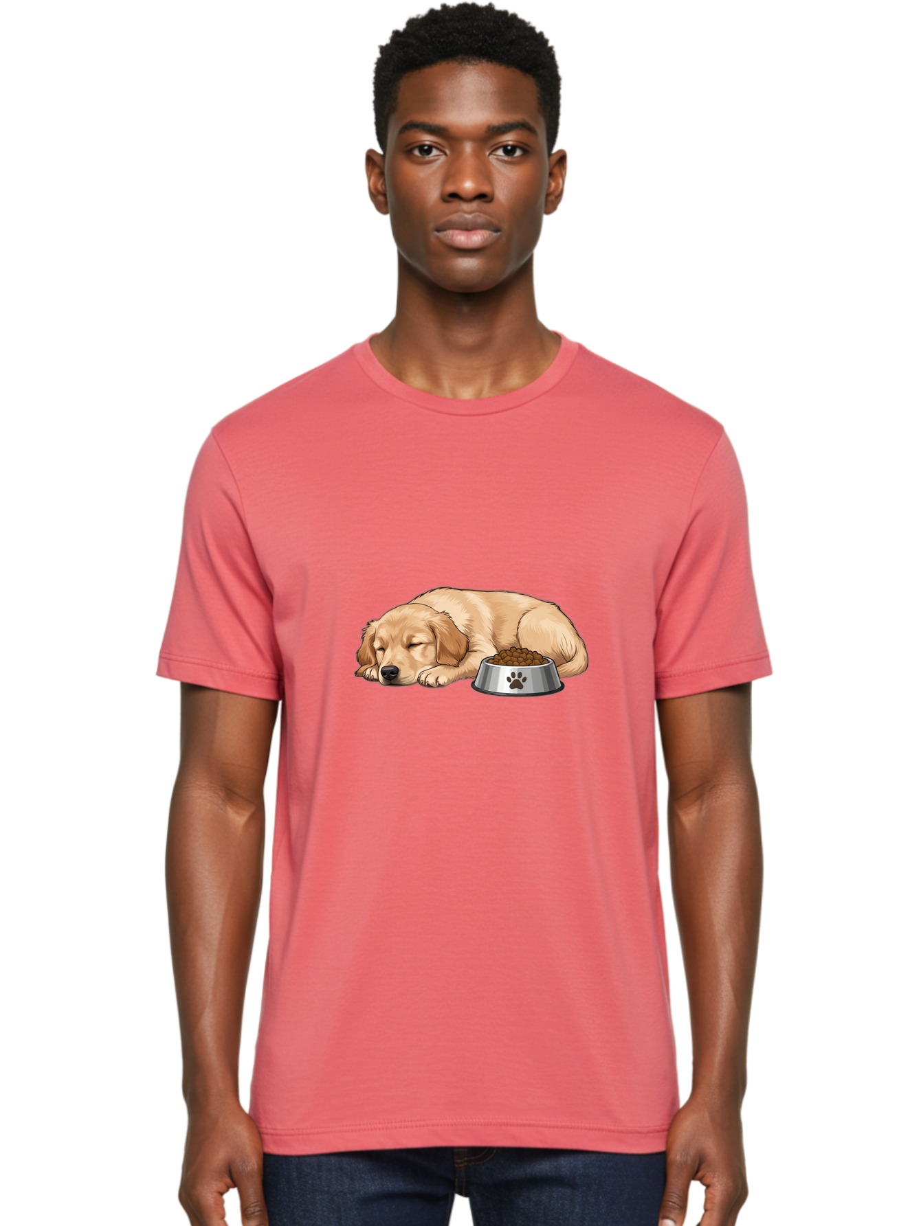 Sleeping-Golden-Retriever Men'S Graphic Tee, 100% Cotton, Comfortable Casual Summer Wear, Machine Washable, Sleeping Golden Retriever, Dog Bowl With Kibble, Paw Print On Bowl, Cute Animal Illustration, Pet Care, Dog'S Meal Time, Bac416