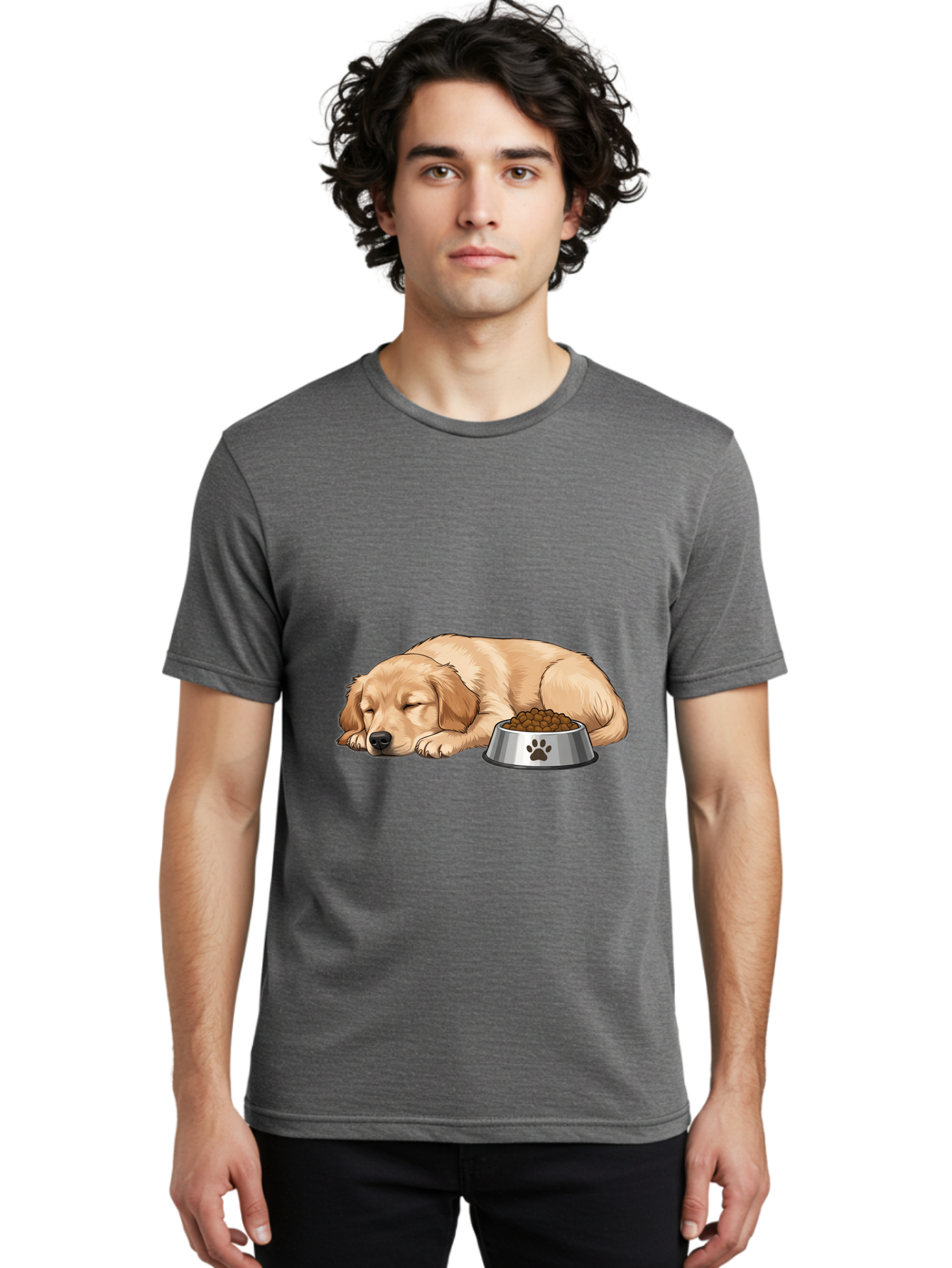 Sleeping-Golden-Retriever Men'S Graphic Tee, 100% Cotton, Comfortable Casual Summer Wear, Machine Washable, Sleeping Golden Retriever, Dog Bowl With Kibble, Paw Print On Bowl, Cute Animal Illustration, Pet Care, Dog'S Meal Time, Bac416