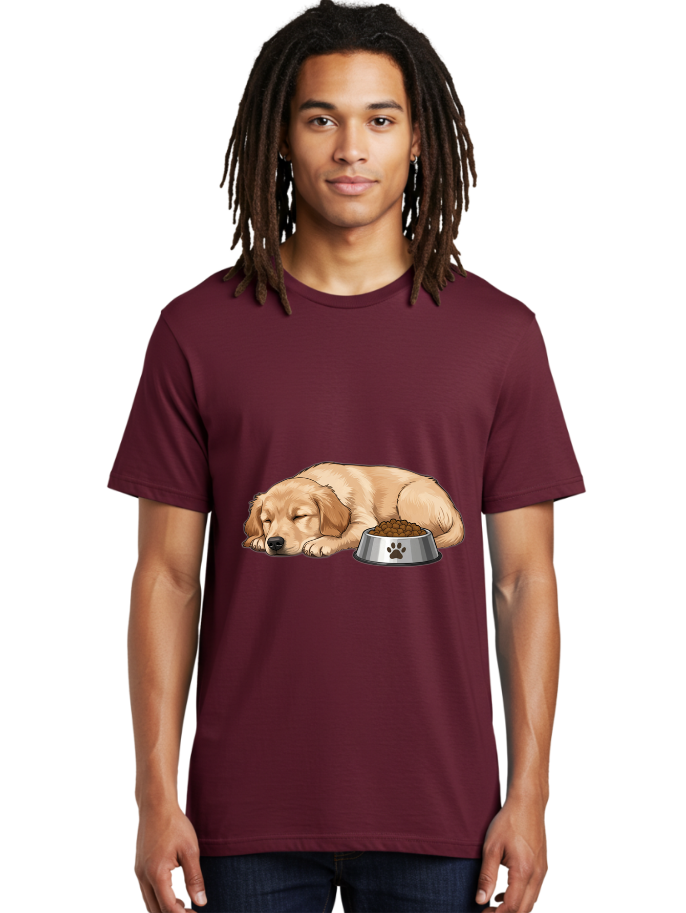 Sleeping-Golden-Retriever Men'S Graphic Tee, 100% Cotton, Comfortable Casual Summer Wear, Machine Washable, Sleeping Golden Retriever, Dog Bowl With Kibble, Paw Print On Bowl, Cute Animal Illustration, Pet Care, Dog'S Meal Time, Bac416