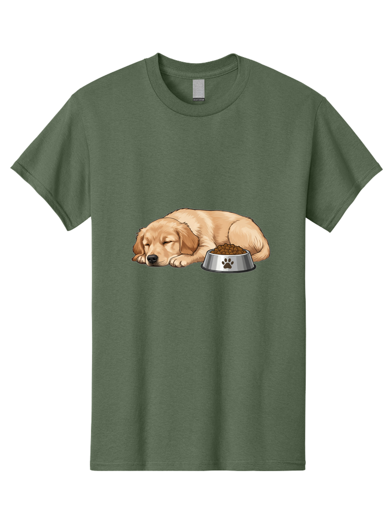 Sleeping-Golden-Retriever Men'S Graphic Tee, 100% Cotton, Comfortable Casual Summer Wear, Machine Washable, Sleeping Golden Retriever, Dog Bowl With Kibble, Paw Print On Bowl, Cute Animal Illustration, Pet Care, Dog'S Meal Time, Bac416