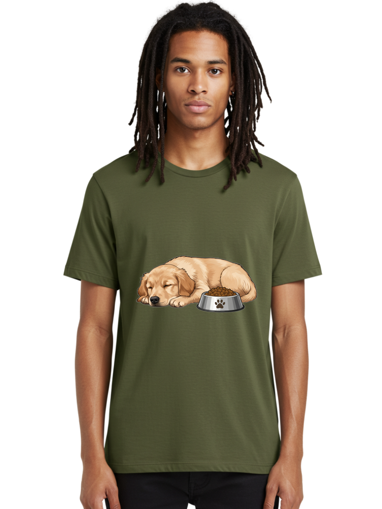 Sleeping-Golden-Retriever Men'S Graphic Tee, 100% Cotton, Comfortable Casual Summer Wear, Machine Washable, Sleeping Golden Retriever, Dog Bowl With Kibble, Paw Print On Bowl, Cute Animal Illustration, Pet Care, Dog'S Meal Time, Bac416
