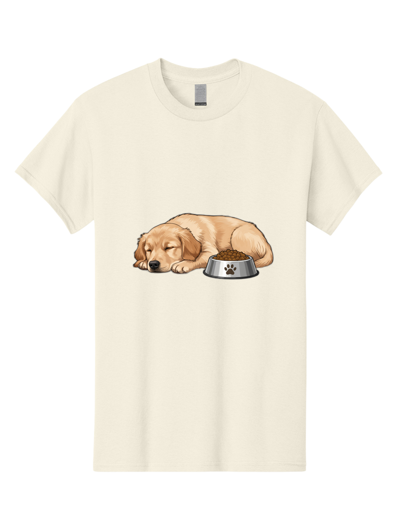 Sleeping-Golden-Retriever Men'S Graphic Tee, 100% Cotton, Comfortable Casual Summer Wear, Machine Washable, Sleeping Golden Retriever, Dog Bowl With Kibble, Paw Print On Bowl, Cute Animal Illustration, Pet Care, Dog'S Meal Time, Bac416