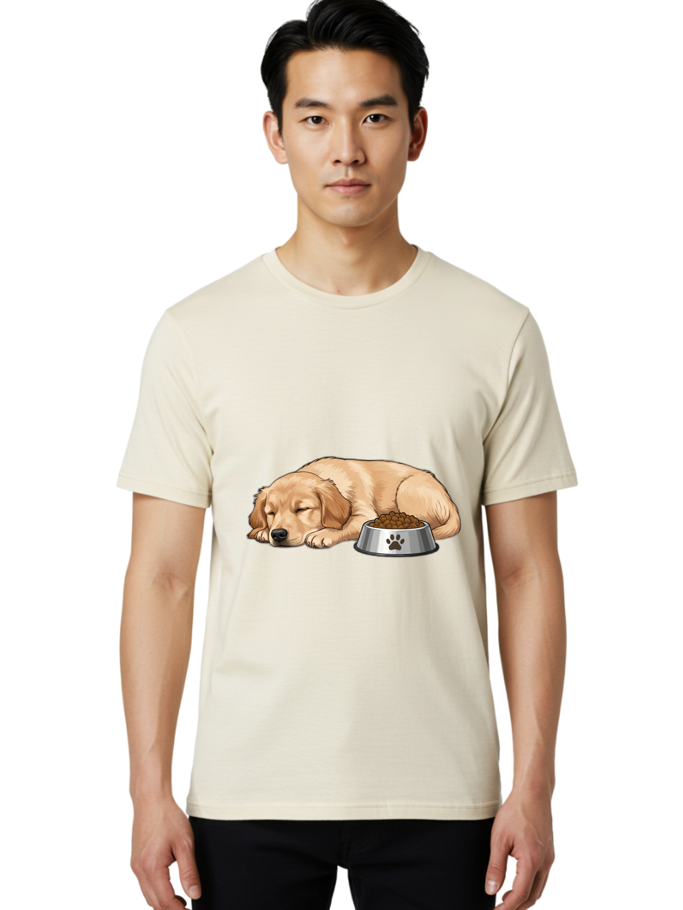 Sleeping-Golden-Retriever Men'S Graphic Tee, 100% Cotton, Comfortable Casual Summer Wear, Machine Washable, Sleeping Golden Retriever, Dog Bowl With Kibble, Paw Print On Bowl, Cute Animal Illustration, Pet Care, Dog'S Meal Time, Bac416