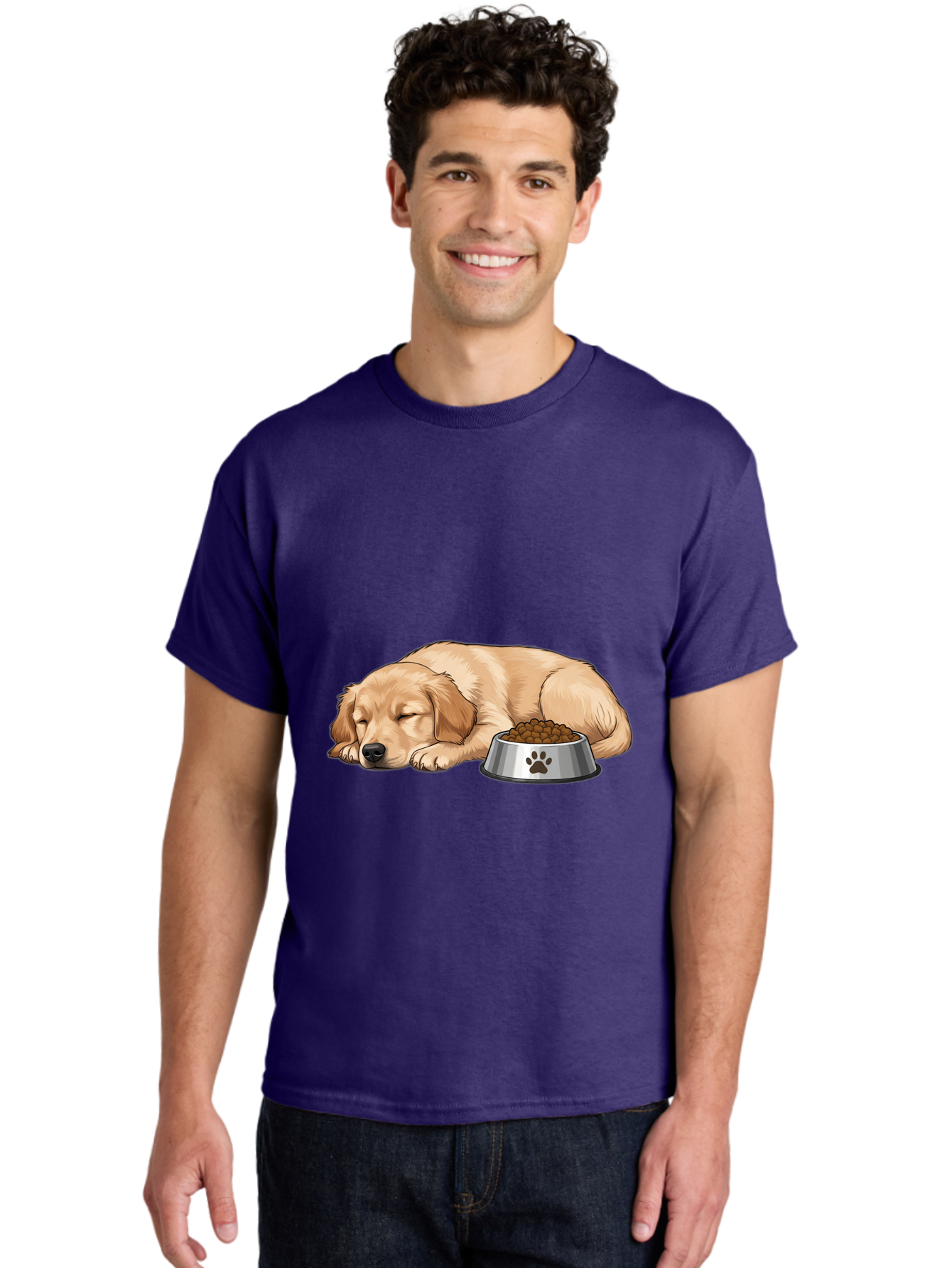 Sleeping-Golden-Retriever Men'S Graphic Tee, 100% Cotton, Comfortable Casual Summer Wear, Machine Washable, Sleeping Golden Retriever, Dog Bowl With Kibble, Paw Print On Bowl, Cute Animal Illustration, Pet Care, Dog'S Meal Time, Bac416