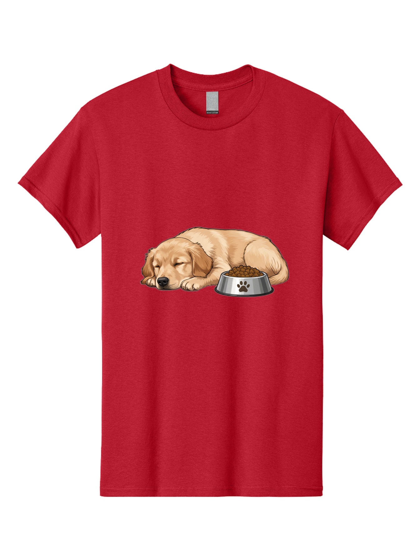 Sleeping-Golden-Retriever Men'S Graphic Tee, 100% Cotton, Comfortable Casual Summer Wear, Machine Washable, Sleeping Golden Retriever, Dog Bowl With Kibble, Paw Print On Bowl, Cute Animal Illustration, Pet Care, Dog'S Meal Time, Bac416