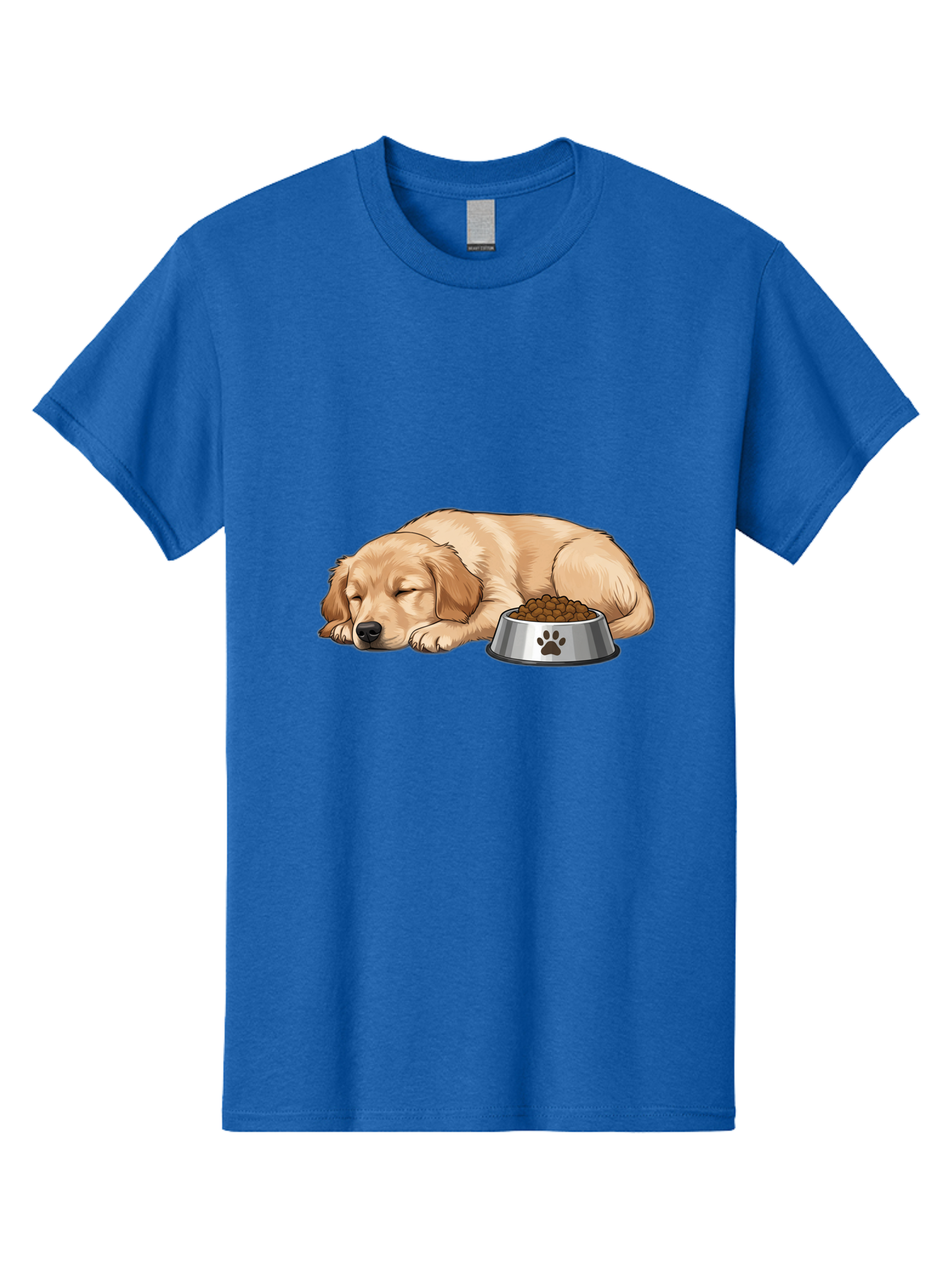Sleeping-Golden-Retriever Men'S Graphic Tee, 100% Cotton, Comfortable Casual Summer Wear, Machine Washable, Sleeping Golden Retriever, Dog Bowl With Kibble, Paw Print On Bowl, Cute Animal Illustration, Pet Care, Dog'S Meal Time, Bac416