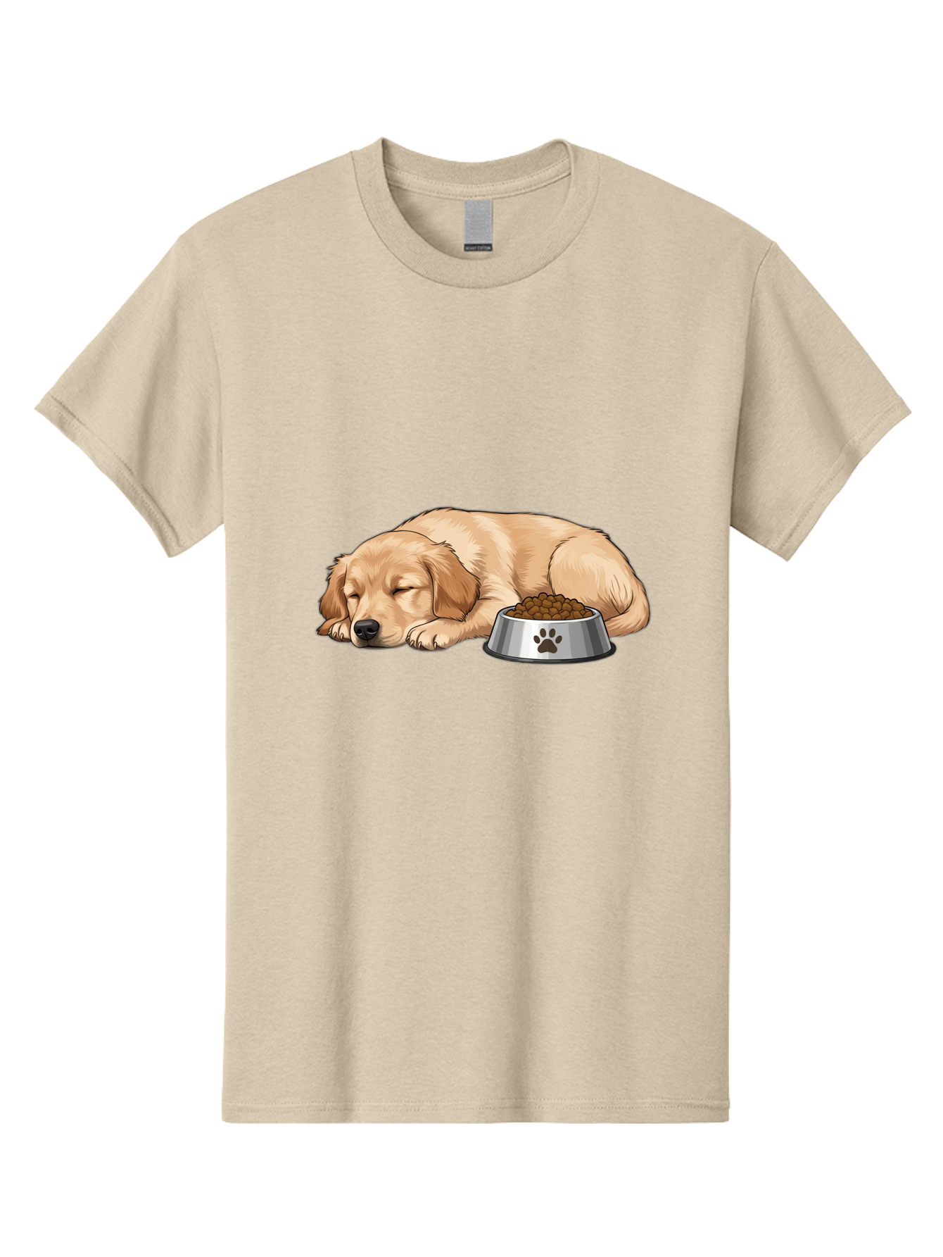 Sleeping-Golden-Retriever Men'S Graphic Tee, 100% Cotton, Comfortable Casual Summer Wear, Machine Washable, Sleeping Golden Retriever, Dog Bowl With Kibble, Paw Print On Bowl, Cute Animal Illustration, Pet Care, Dog'S Meal Time, Bac416