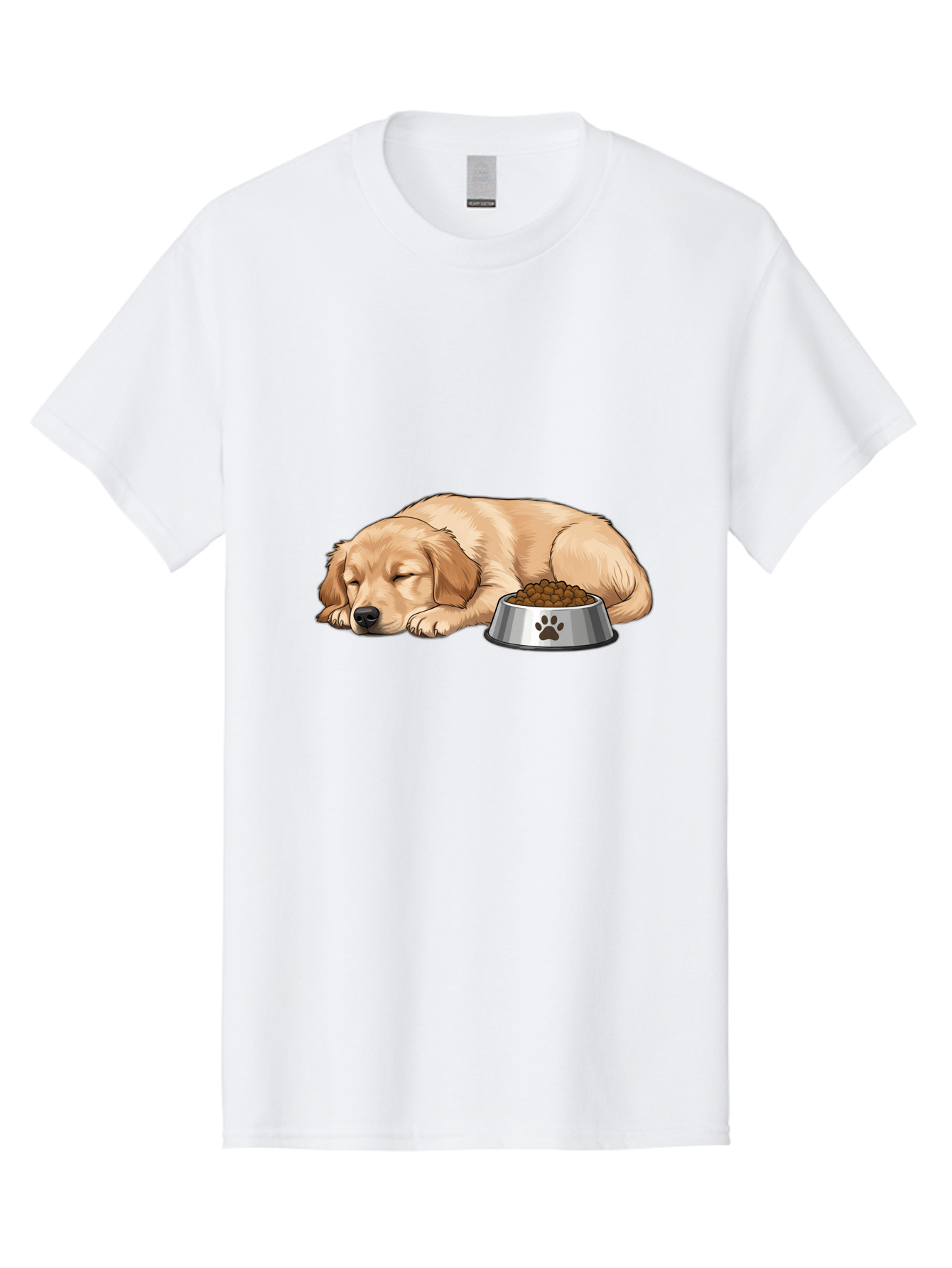 Sleeping-Golden-Retriever Men'S Graphic Tee, 100% Cotton, Comfortable Casual Summer Wear, Machine Washable, Sleeping Golden Retriever, Dog Bowl With Kibble, Paw Print On Bowl, Cute Animal Illustration, Pet Care, Dog'S Meal Time, Bac416