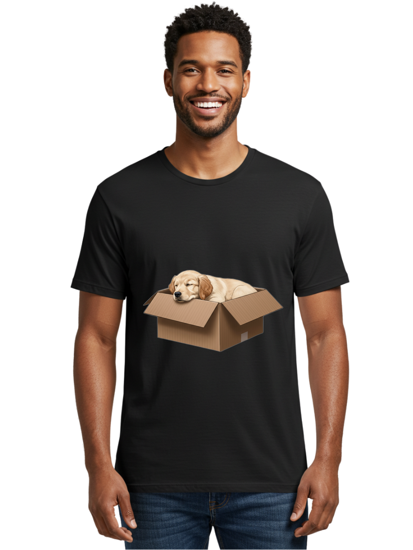 Sleeping-Puppy-1 Men'S Graphic Tee, 100% Cotton, Comfortable Casual Summer Wear, Machine Washable, Sleeping Puppy, Cardboard Box, Adorable Dog, Cute Animal, Resting Pet, Dog In Box, Peaceful Scene, Puppy Love, Cozy Atmosphere, Sweet Dreams Bac417