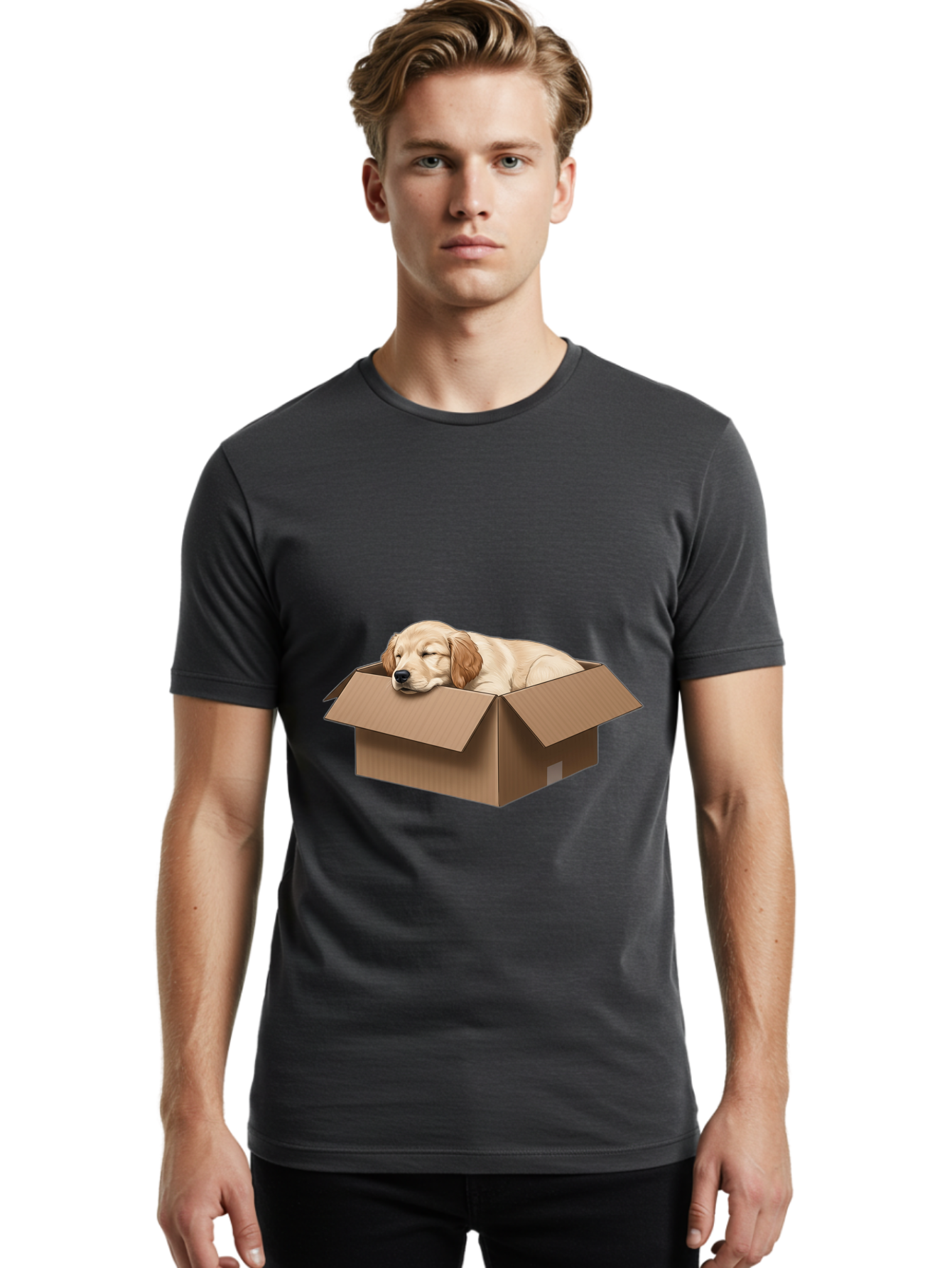 Sleeping-Puppy-1 Men'S Graphic Tee, 100% Cotton, Comfortable Casual Summer Wear, Machine Washable, Sleeping Puppy, Cardboard Box, Adorable Dog, Cute Animal, Resting Pet, Dog In Box, Peaceful Scene, Puppy Love, Cozy Atmosphere, Sweet Dreams Bac417