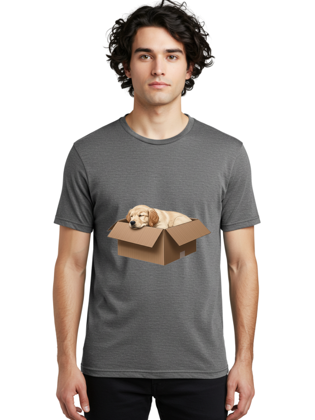 Sleeping-Puppy-1 Men'S Graphic Tee, 100% Cotton, Comfortable Casual Summer Wear, Machine Washable, Sleeping Puppy, Cardboard Box, Adorable Dog, Cute Animal, Resting Pet, Dog In Box, Peaceful Scene, Puppy Love, Cozy Atmosphere, Sweet Dreams Bac417