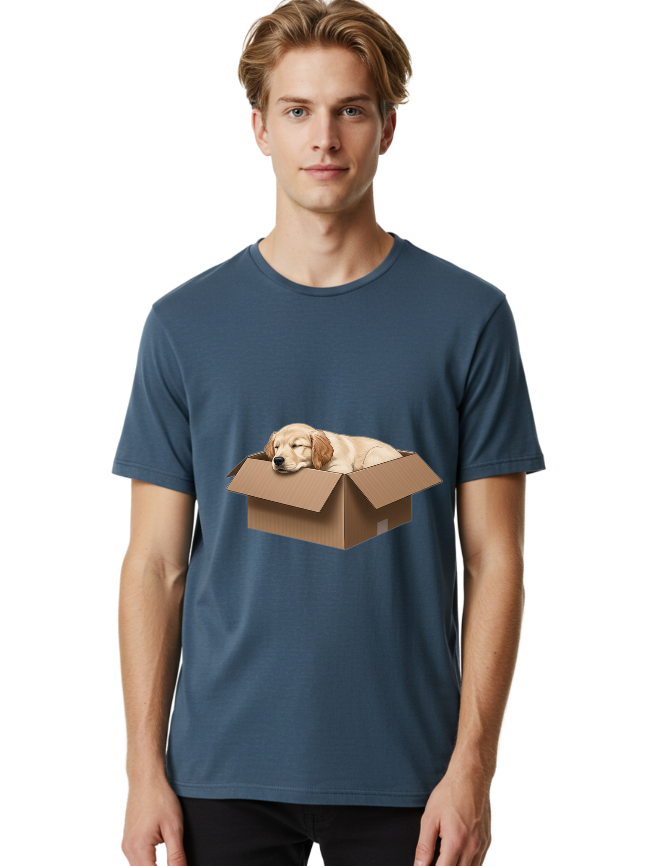 Sleeping-Puppy-1 Men'S Graphic Tee, 100% Cotton, Comfortable Casual Summer Wear, Machine Washable, Sleeping Puppy, Cardboard Box, Adorable Dog, Cute Animal, Resting Pet, Dog In Box, Peaceful Scene, Puppy Love, Cozy Atmosphere, Sweet Dreams Bac417