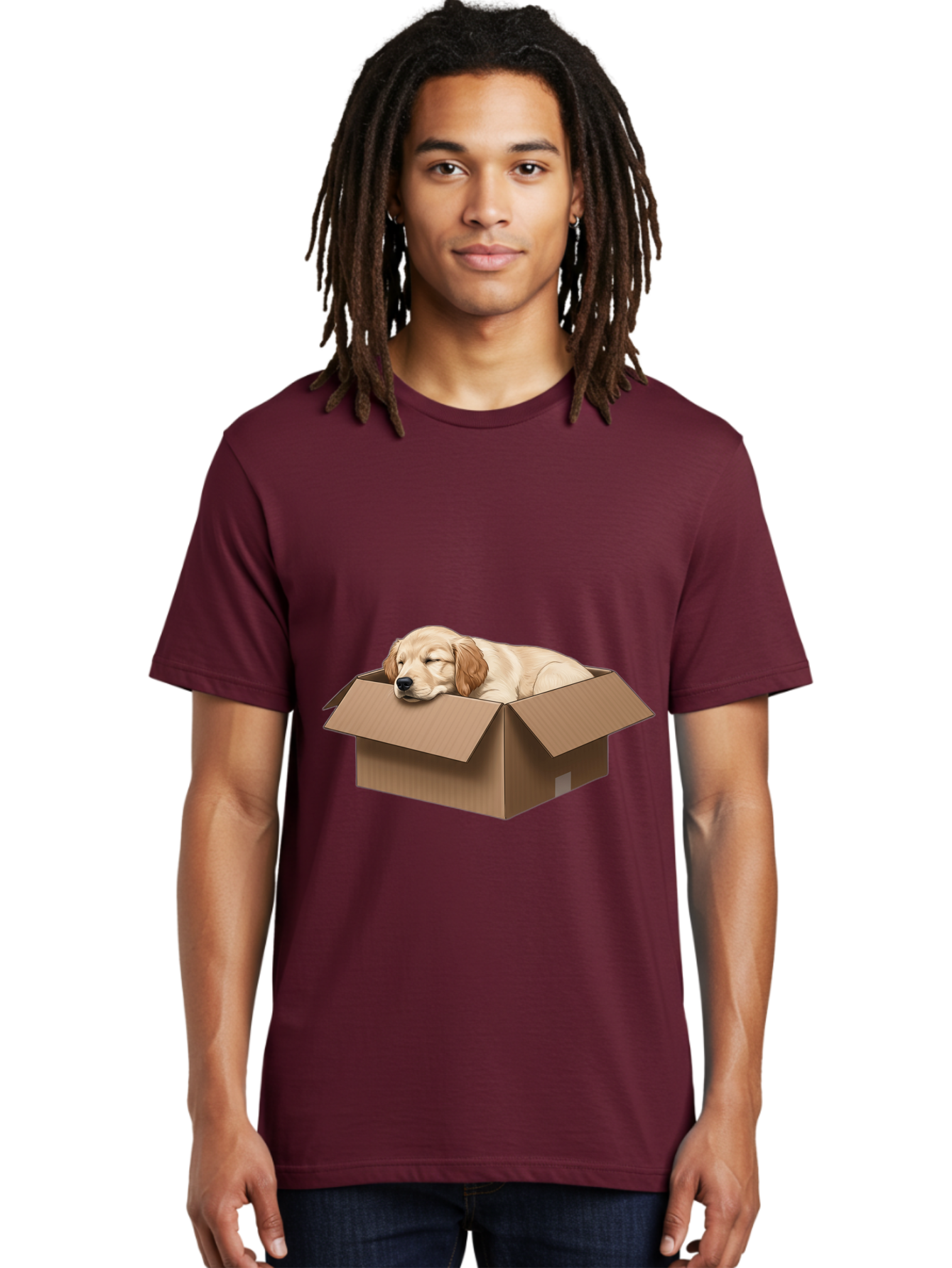 Sleeping-Puppy-1 Men'S Graphic Tee, 100% Cotton, Comfortable Casual Summer Wear, Machine Washable, Sleeping Puppy, Cardboard Box, Adorable Dog, Cute Animal, Resting Pet, Dog In Box, Peaceful Scene, Puppy Love, Cozy Atmosphere, Sweet Dreams Bac417