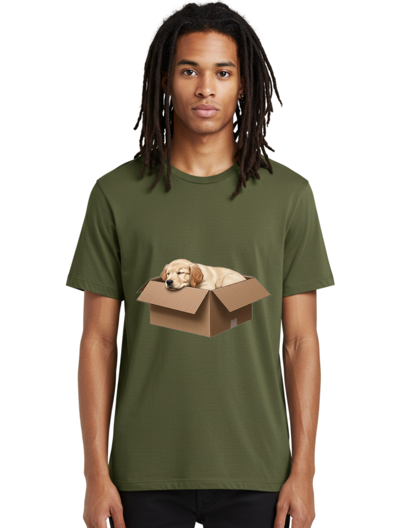 Sleeping-Puppy-1 Men'S Graphic Tee, 100% Cotton, Comfortable Casual Summer Wear, Machine Washable, Sleeping Puppy, Cardboard Box, Adorable Dog, Cute Animal, Resting Pet, Dog In Box, Peaceful Scene, Puppy Love, Cozy Atmosphere, Sweet Dreams Bac417