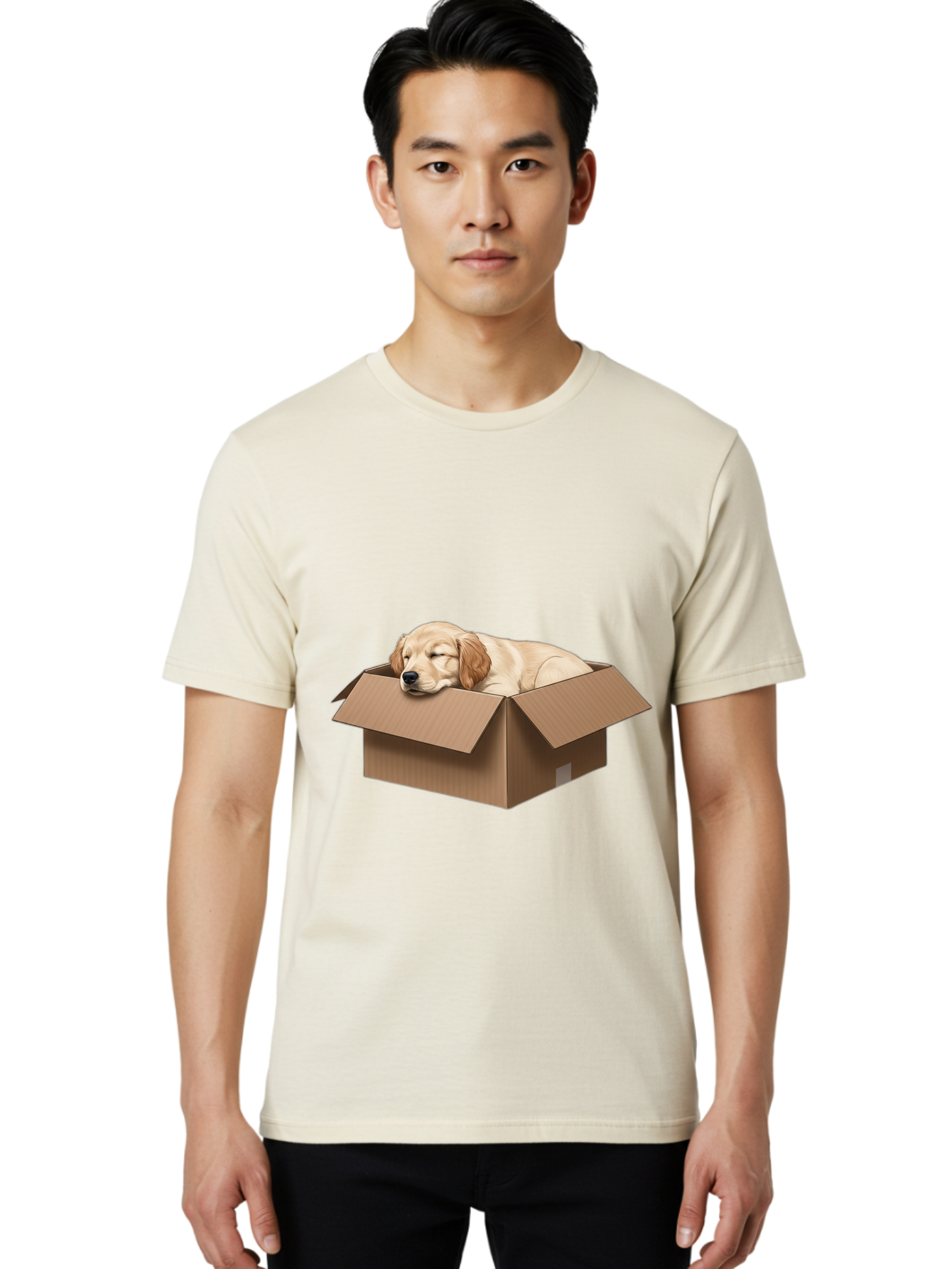 Sleeping-Puppy-1 Men'S Graphic Tee, 100% Cotton, Comfortable Casual Summer Wear, Machine Washable, Sleeping Puppy, Cardboard Box, Adorable Dog, Cute Animal, Resting Pet, Dog In Box, Peaceful Scene, Puppy Love, Cozy Atmosphere, Sweet Dreams Bac417