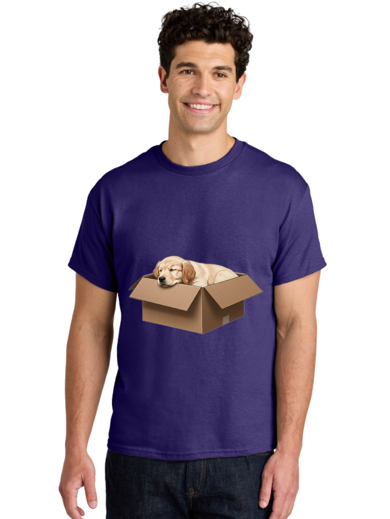 Sleeping-Puppy-1 Men'S Graphic Tee, 100% Cotton, Comfortable Casual Summer Wear, Machine Washable, Sleeping Puppy, Cardboard Box, Adorable Dog, Cute Animal, Resting Pet, Dog In Box, Peaceful Scene, Puppy Love, Cozy Atmosphere, Sweet Dreams Bac417