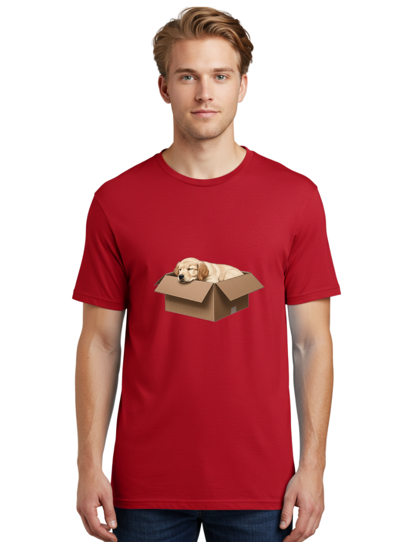 Sleeping-Puppy-1 Men'S Graphic Tee, 100% Cotton, Comfortable Casual Summer Wear, Machine Washable, Sleeping Puppy, Cardboard Box, Adorable Dog, Cute Animal, Resting Pet, Dog In Box, Peaceful Scene, Puppy Love, Cozy Atmosphere, Sweet Dreams Bac417