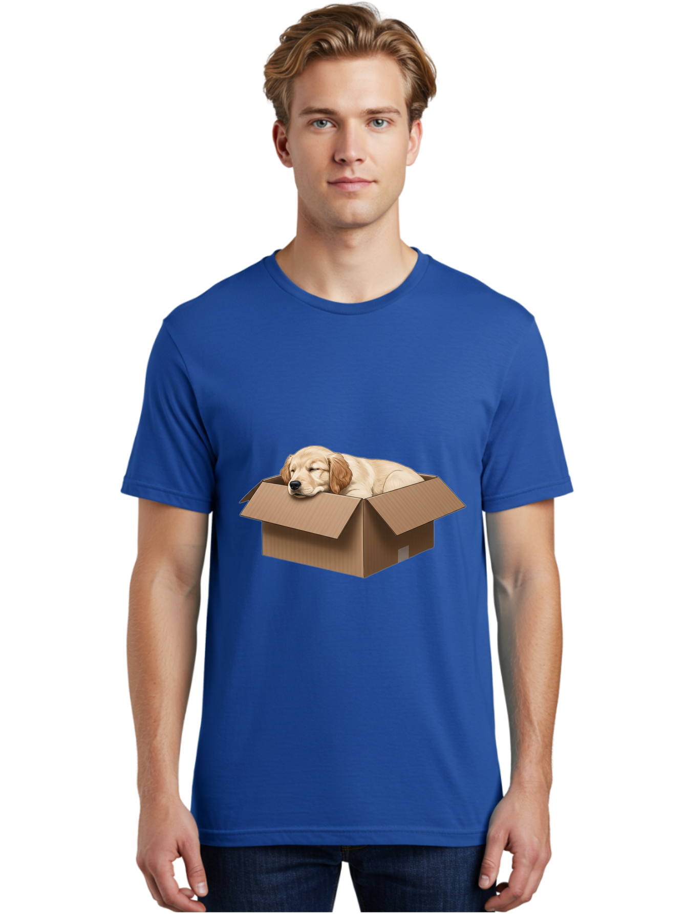 Sleeping-Puppy-1 Men'S Graphic Tee, 100% Cotton, Comfortable Casual Summer Wear, Machine Washable, Sleeping Puppy, Cardboard Box, Adorable Dog, Cute Animal, Resting Pet, Dog In Box, Peaceful Scene, Puppy Love, Cozy Atmosphere, Sweet Dreams Bac417