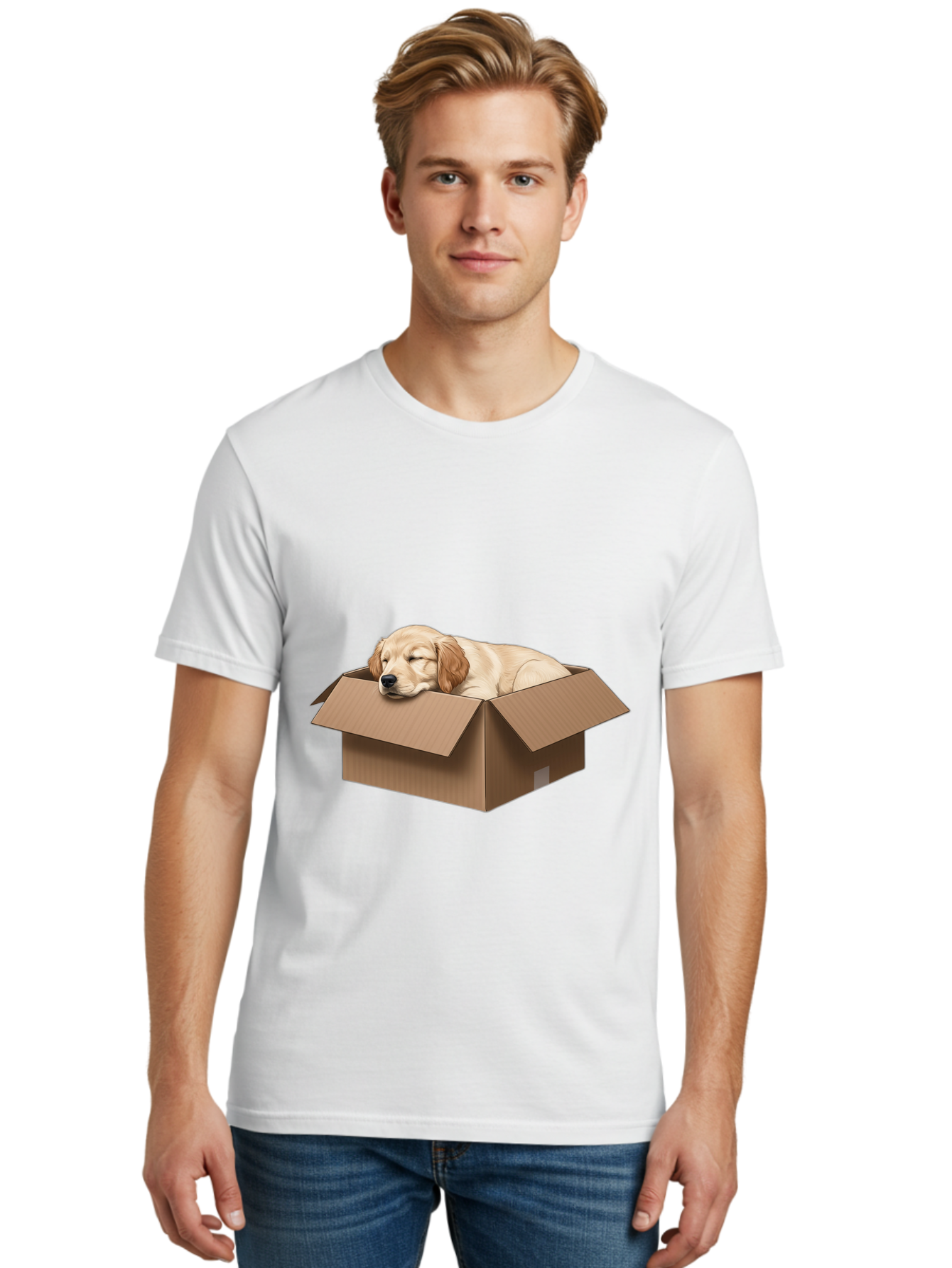 Sleeping-Puppy-1 Men'S Graphic Tee, 100% Cotton, Comfortable Casual Summer Wear, Machine Washable, Sleeping Puppy, Cardboard Box, Adorable Dog, Cute Animal, Resting Pet, Dog In Box, Peaceful Scene, Puppy Love, Cozy Atmosphere, Sweet Dreams Bac417