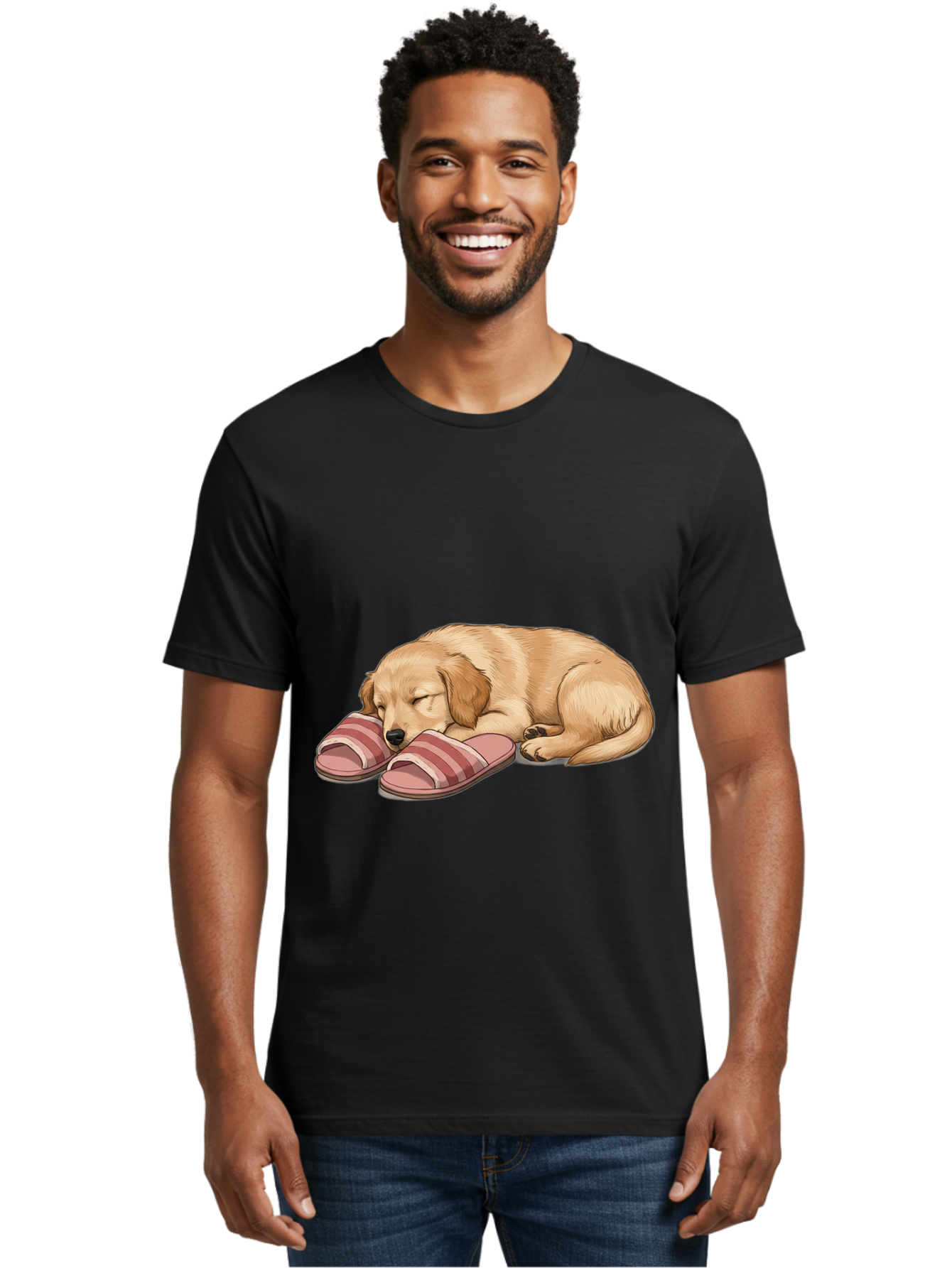 Sleeping-Puppy-2 Men'S Graphic Tee, 100% Cotton, Comfortable Casual Summer Wear, Machine Washable, Adorable Golden Retriever, Sleeping Dog, Puppy Love, Cute Cartoon, Animal Sleep, Dog Relaxation, Flip Flops, Striped Sandals, Peaceful Pup, Bac418