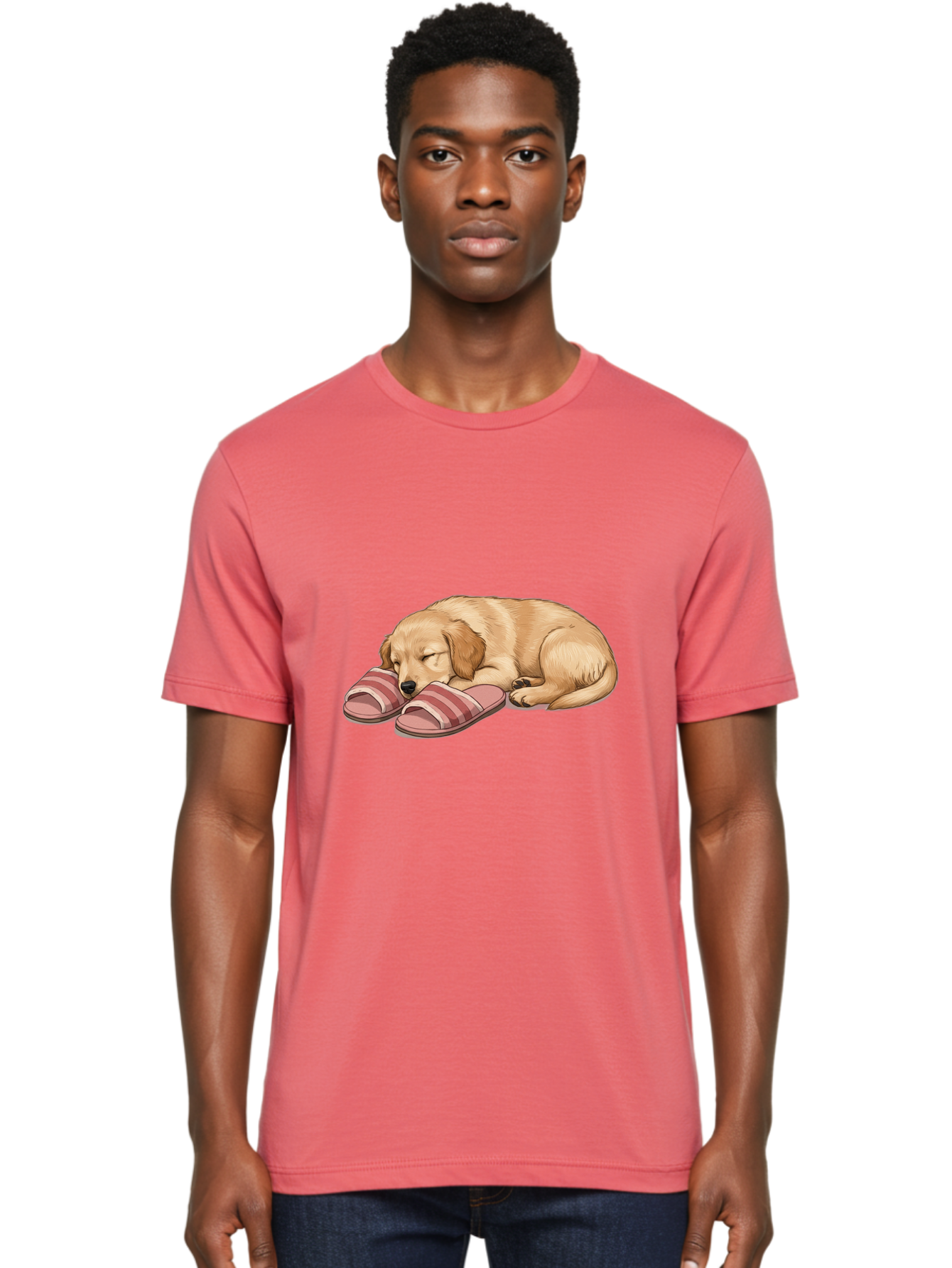 Sleeping-Puppy-2 Men'S Graphic Tee, 100% Cotton, Comfortable Casual Summer Wear, Machine Washable, Adorable Golden Retriever, Sleeping Dog, Puppy Love, Cute Cartoon, Animal Sleep, Dog Relaxation, Flip Flops, Striped Sandals, Peaceful Pup, Bac418