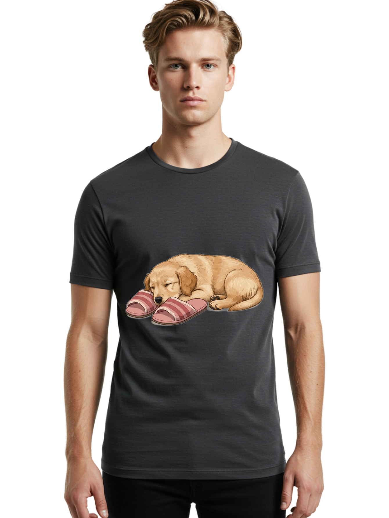 Sleeping-Puppy-2 Men'S Graphic Tee, 100% Cotton, Comfortable Casual Summer Wear, Machine Washable, Adorable Golden Retriever, Sleeping Dog, Puppy Love, Cute Cartoon, Animal Sleep, Dog Relaxation, Flip Flops, Striped Sandals, Peaceful Pup, Bac418