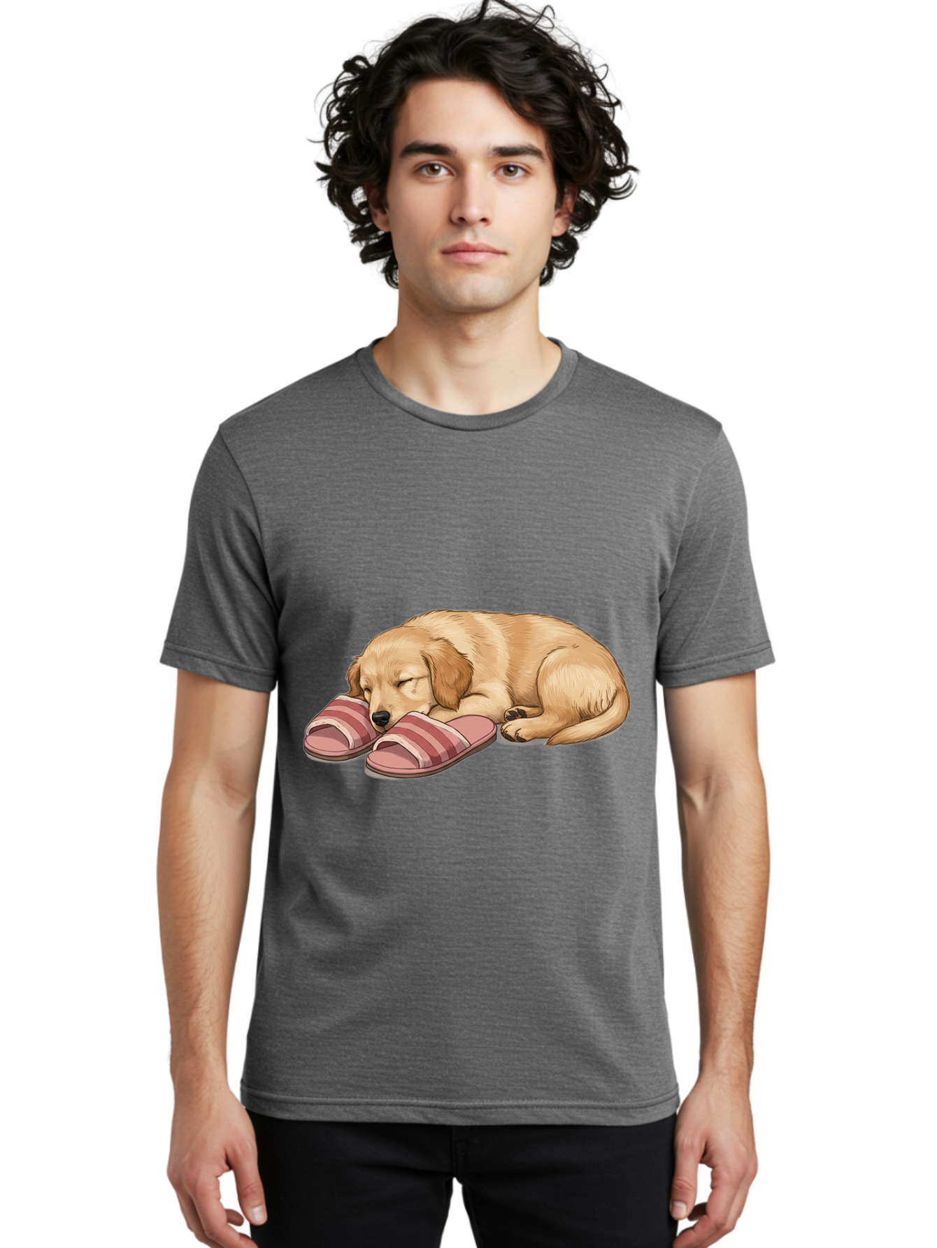 Sleeping-Puppy-2 Men'S Graphic Tee, 100% Cotton, Comfortable Casual Summer Wear, Machine Washable, Adorable Golden Retriever, Sleeping Dog, Puppy Love, Cute Cartoon, Animal Sleep, Dog Relaxation, Flip Flops, Striped Sandals, Peaceful Pup, Bac418