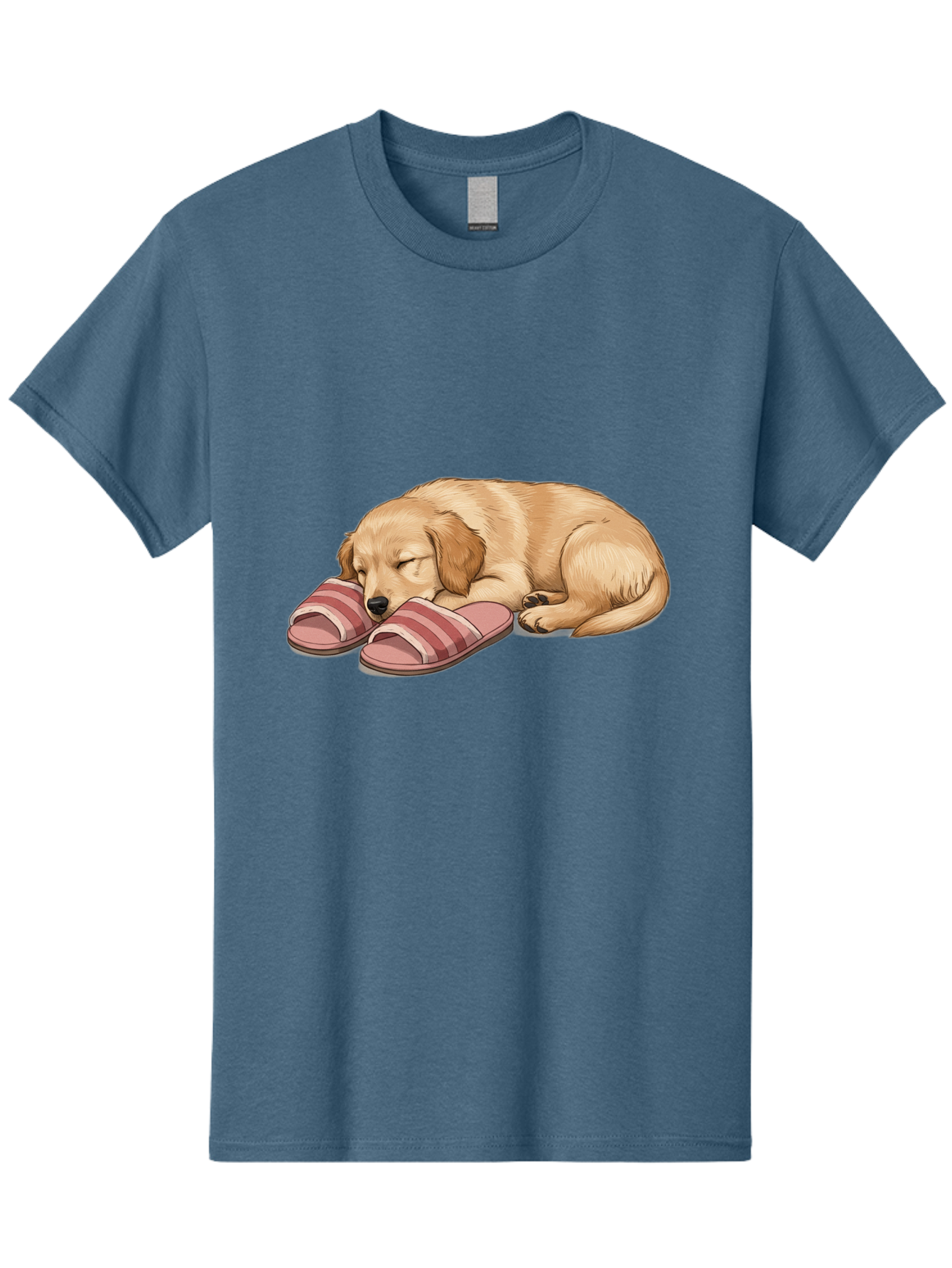 Sleeping-Puppy-2 Men'S Graphic Tee, 100% Cotton, Comfortable Casual Summer Wear, Machine Washable, Adorable Golden Retriever, Sleeping Dog, Puppy Love, Cute Cartoon, Animal Sleep, Dog Relaxation, Flip Flops, Striped Sandals, Peaceful Pup, Bac418