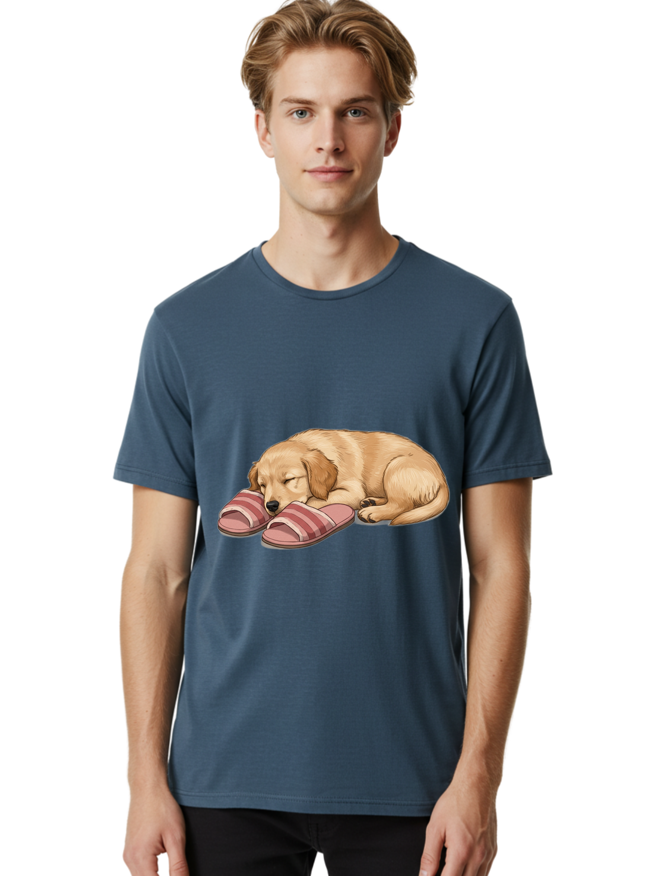 Sleeping-Puppy-2 Men'S Graphic Tee, 100% Cotton, Comfortable Casual Summer Wear, Machine Washable, Adorable Golden Retriever, Sleeping Dog, Puppy Love, Cute Cartoon, Animal Sleep, Dog Relaxation, Flip Flops, Striped Sandals, Peaceful Pup, Bac418