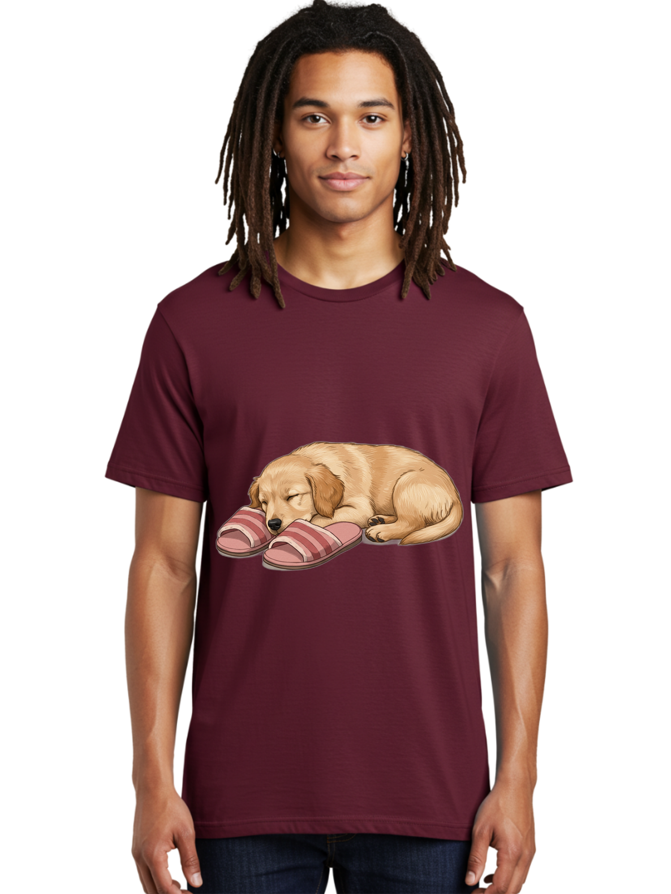 Sleeping-Puppy-2 Men'S Graphic Tee, 100% Cotton, Comfortable Casual Summer Wear, Machine Washable, Adorable Golden Retriever, Sleeping Dog, Puppy Love, Cute Cartoon, Animal Sleep, Dog Relaxation, Flip Flops, Striped Sandals, Peaceful Pup, Bac418