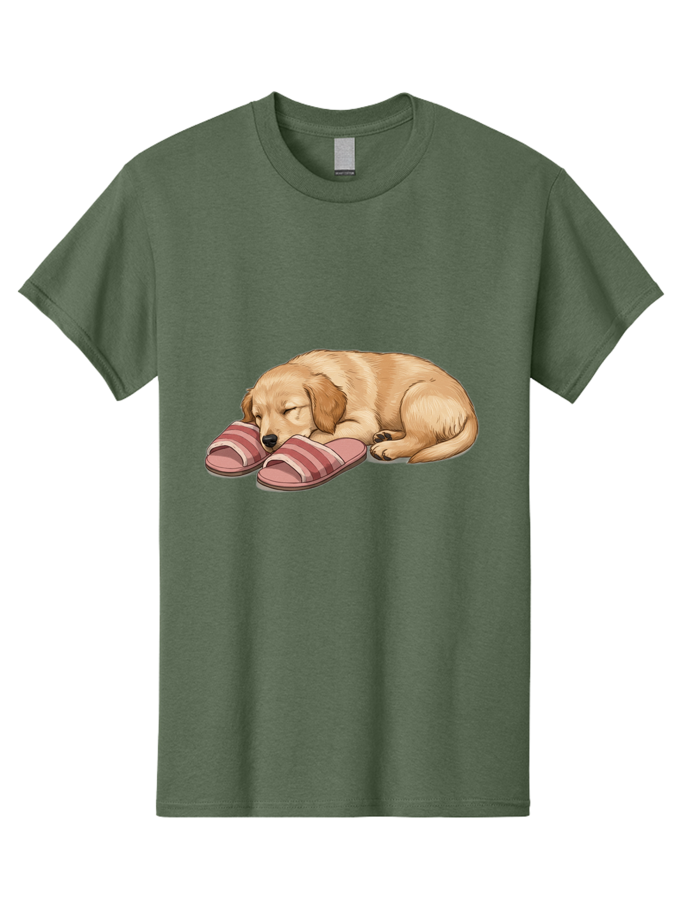 Sleeping-Puppy-2 Men'S Graphic Tee, 100% Cotton, Comfortable Casual Summer Wear, Machine Washable, Adorable Golden Retriever, Sleeping Dog, Puppy Love, Cute Cartoon, Animal Sleep, Dog Relaxation, Flip Flops, Striped Sandals, Peaceful Pup, Bac418