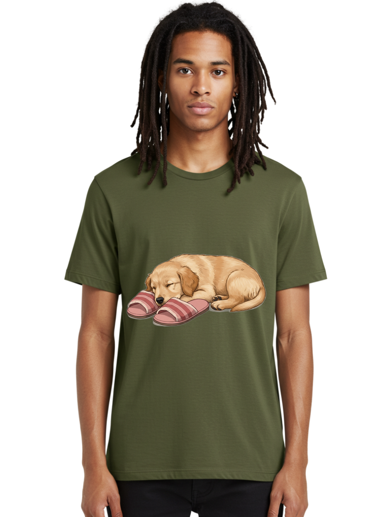 Sleeping-Puppy-2 Men'S Graphic Tee, 100% Cotton, Comfortable Casual Summer Wear, Machine Washable, Adorable Golden Retriever, Sleeping Dog, Puppy Love, Cute Cartoon, Animal Sleep, Dog Relaxation, Flip Flops, Striped Sandals, Peaceful Pup, Bac418