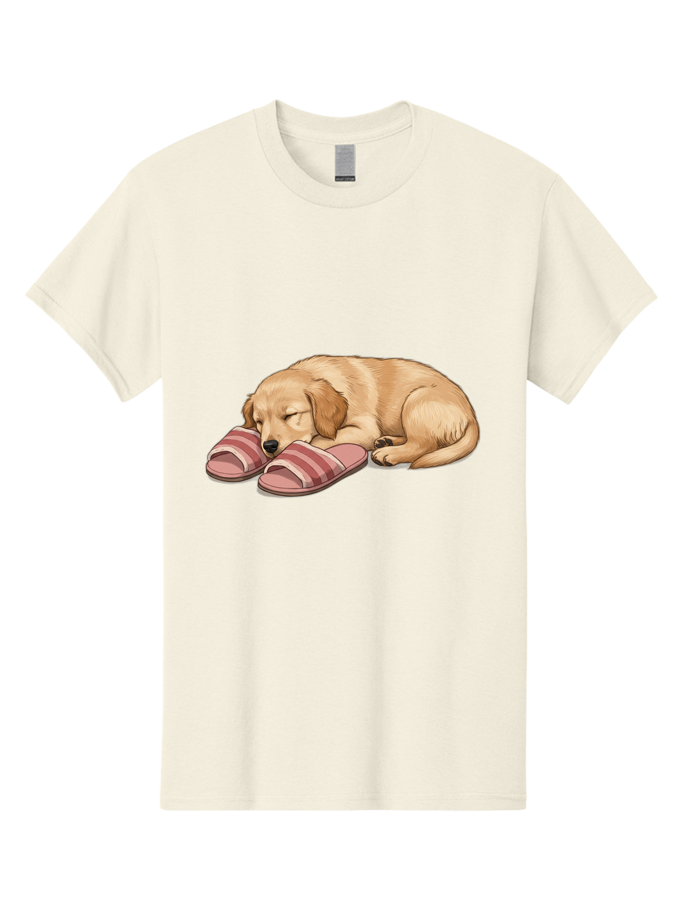 Sleeping-Puppy-2 Men'S Graphic Tee, 100% Cotton, Comfortable Casual Summer Wear, Machine Washable, Adorable Golden Retriever, Sleeping Dog, Puppy Love, Cute Cartoon, Animal Sleep, Dog Relaxation, Flip Flops, Striped Sandals, Peaceful Pup, Bac418