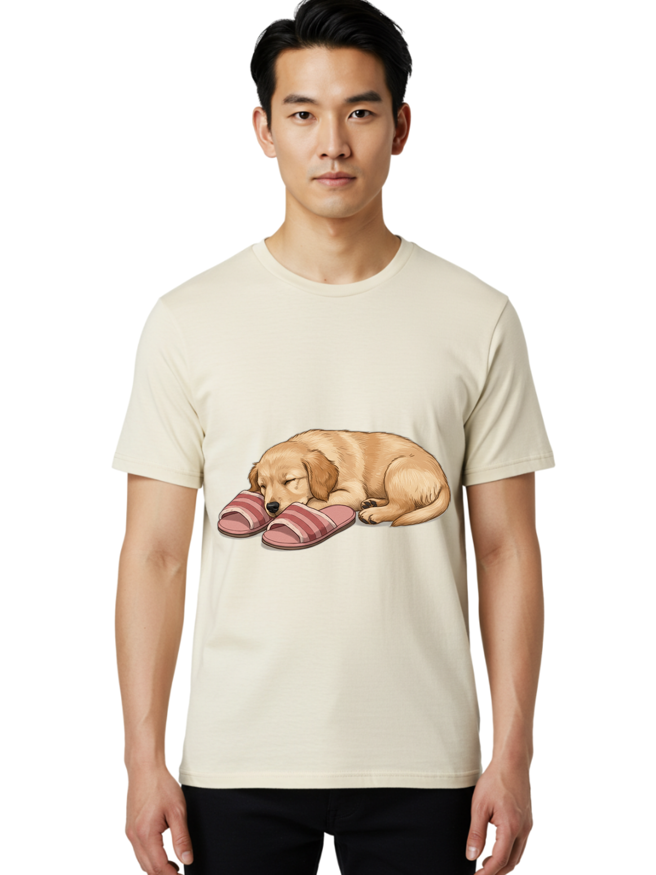 Sleeping-Puppy-2 Men'S Graphic Tee, 100% Cotton, Comfortable Casual Summer Wear, Machine Washable, Adorable Golden Retriever, Sleeping Dog, Puppy Love, Cute Cartoon, Animal Sleep, Dog Relaxation, Flip Flops, Striped Sandals, Peaceful Pup, Bac418