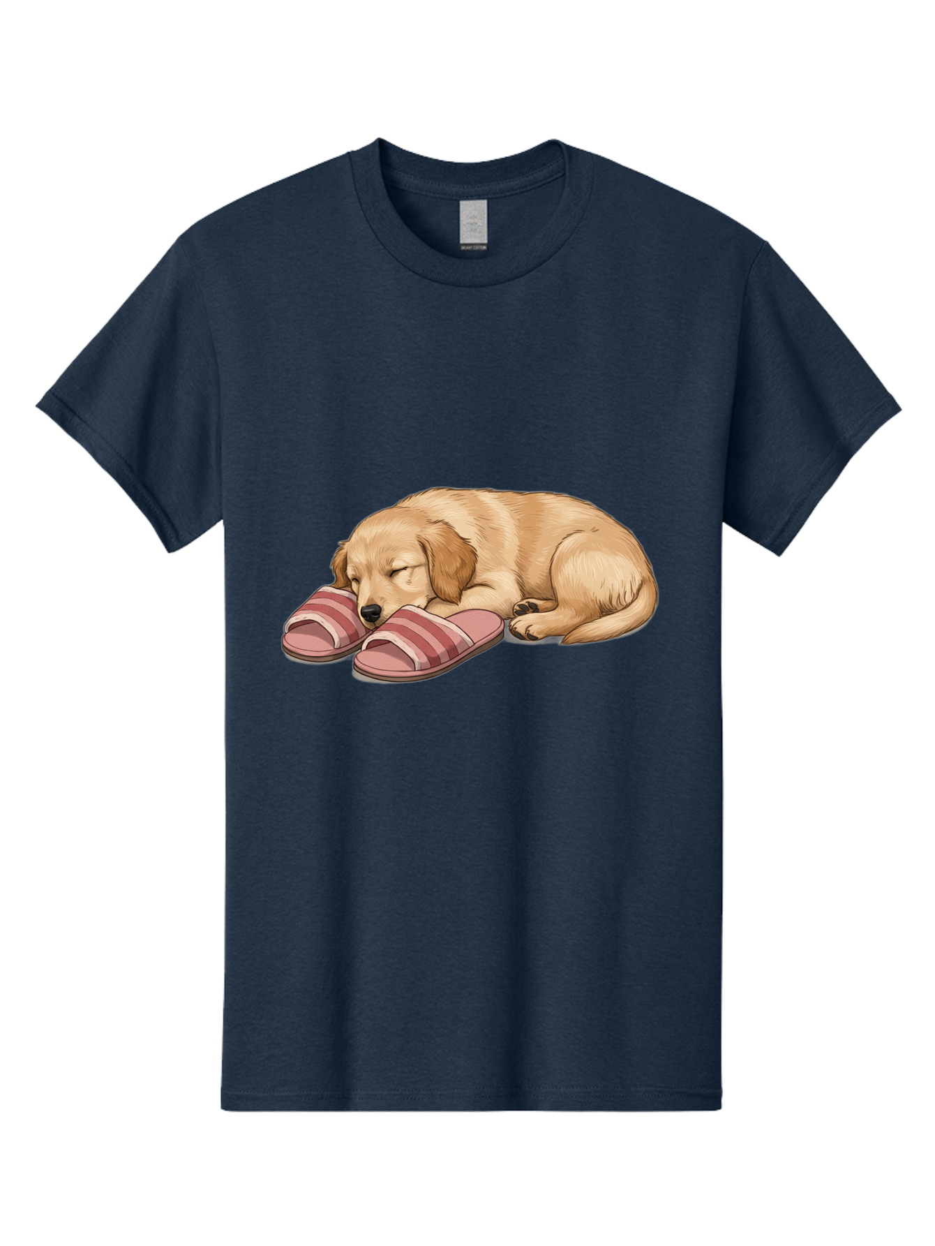 Sleeping-Puppy-2 Men'S Graphic Tee, 100% Cotton, Comfortable Casual Summer Wear, Machine Washable, Adorable Golden Retriever, Sleeping Dog, Puppy Love, Cute Cartoon, Animal Sleep, Dog Relaxation, Flip Flops, Striped Sandals, Peaceful Pup, Bac418